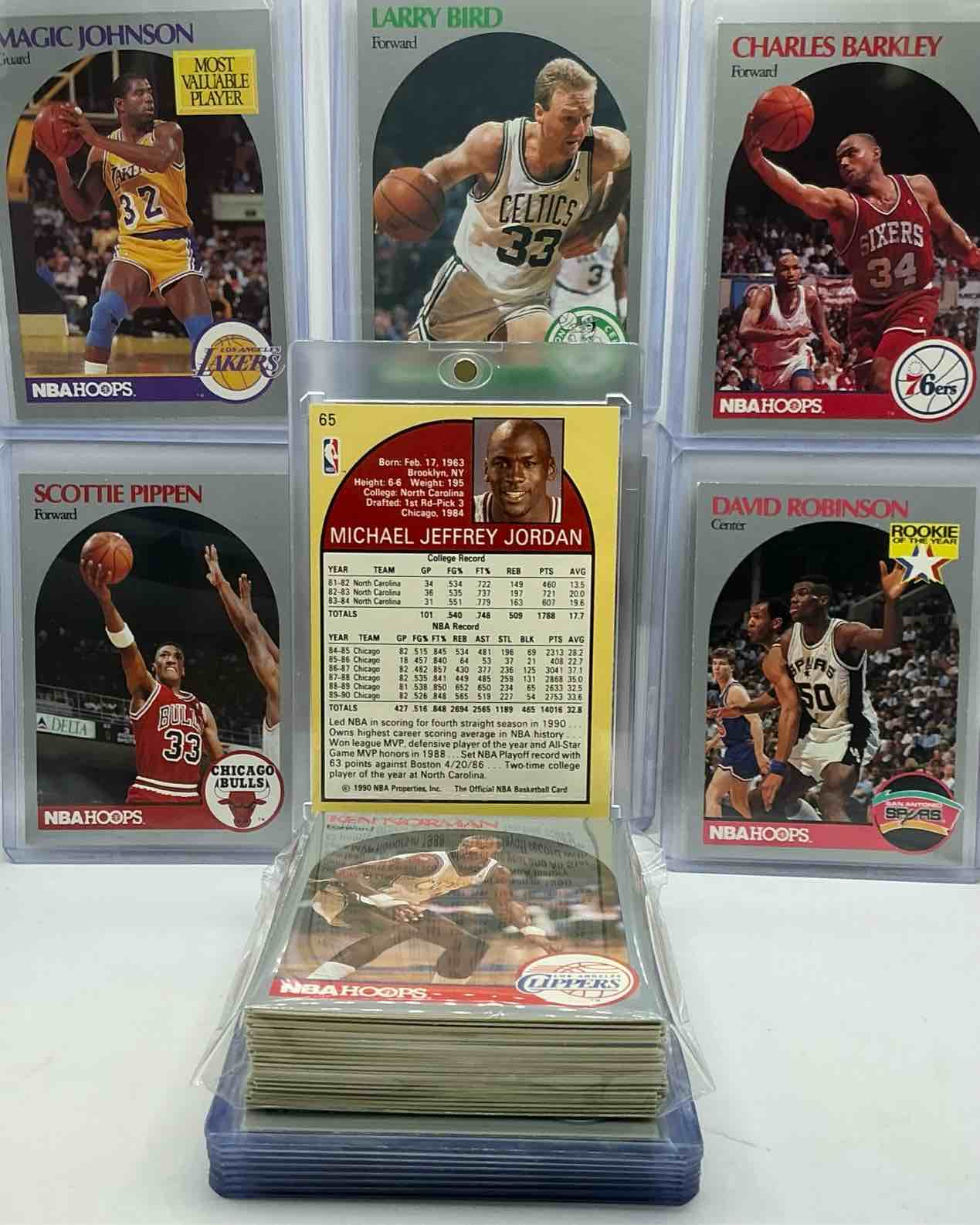 Condition photo showing New/Like New for Michael Jordan! Rare Mark Jackson! David Robinson Rookie! 1990 Hoops 50 Card Basketball! The BEST Cards From The Year! Michael Jordan, Magic Johnson, Larry Bird, Scottie Pippen, David Robinson, Charles Barkley, Karl Malone, Clyde Drexler & More! All Stars, Hall Of Famers, Champions & More, The Perfect Mix Of Miscellaneous '90 NBA Variety!