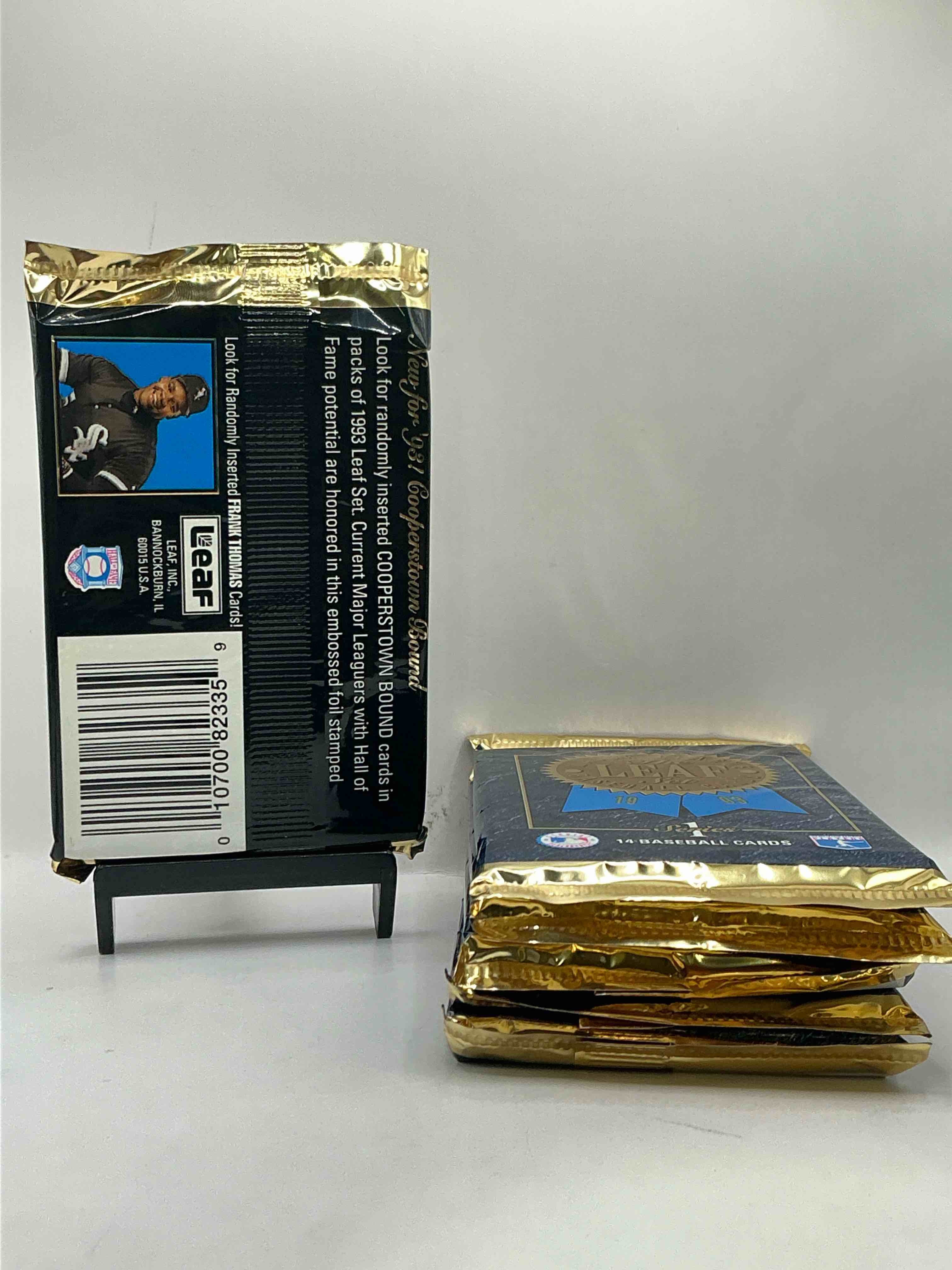 Condition photo showing New/Like New for 1993 Leaf Series 1 Baseball Sealed 14 Card Pack, Direct From Original Retail Display Case, Search For Derek Jeter, Ken Griffey Jr. & So Much Morel Search For Highly Collectible Inserts. These Cards Are Highly Sought After By Collectors For Their Holographic Design, These Are PREMIUM Baseball Cards From 1993!