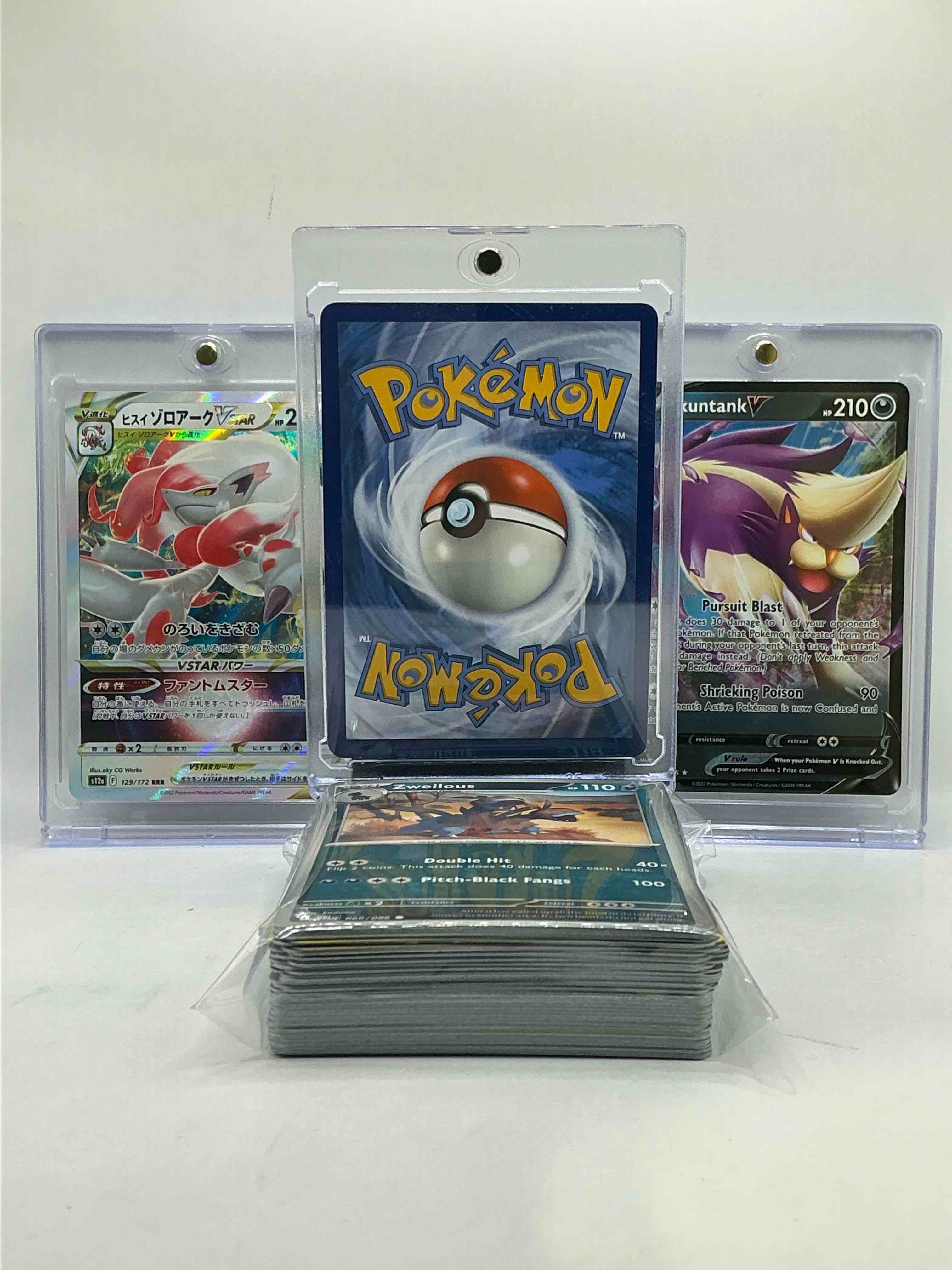Condition photo showing New/Like New for Mewtwo V Holo, VSTAR, Skuntank V & More! WOW! Insane Trio! 50 Card Lot, Includes Holos, Legends, Heroes & More!