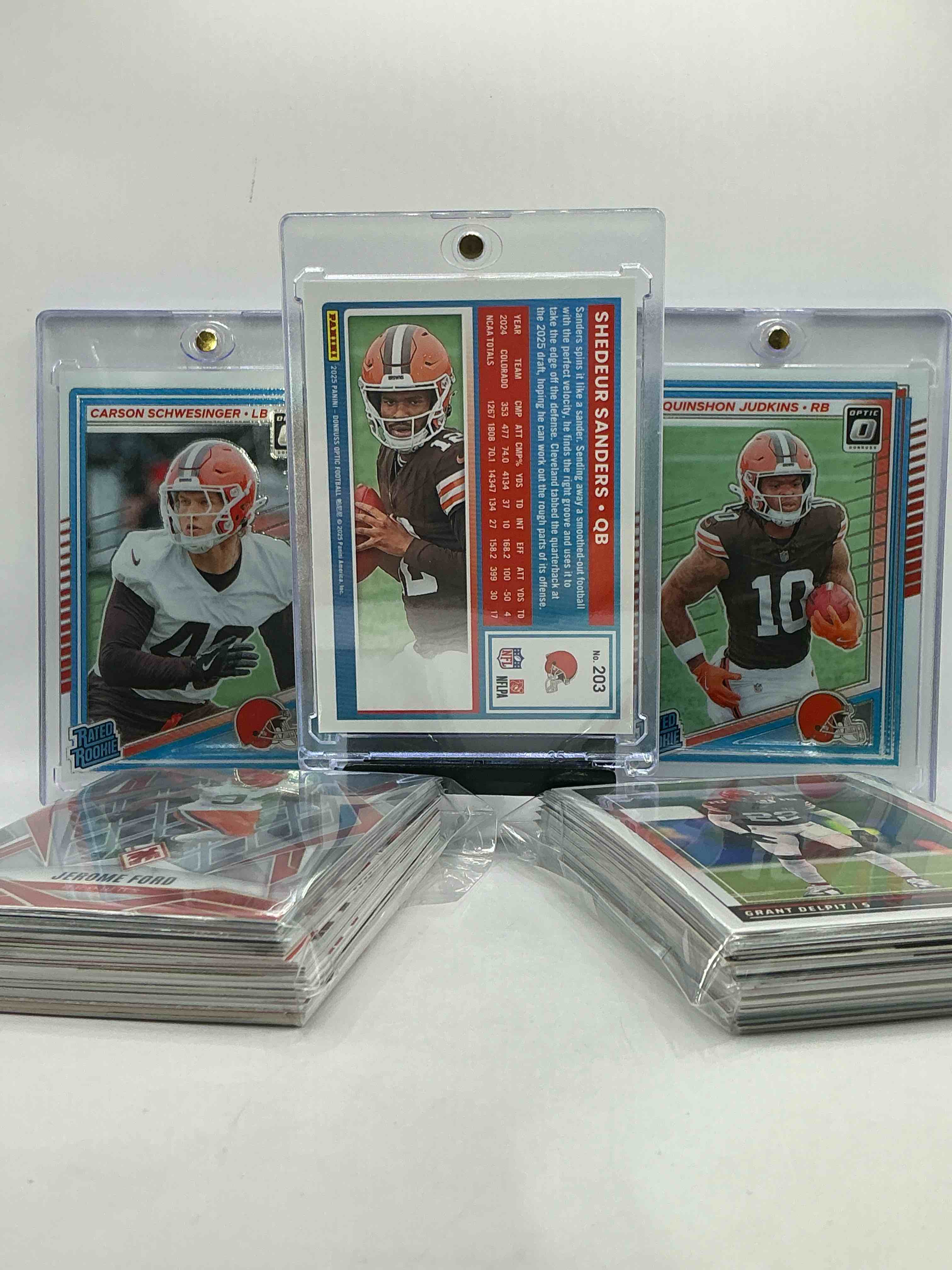 Condition photo showing New/Like New for Optic Insanity! Shedeur Sanders Rated Rookie, Quinshon Judkins Rated Optic Rookie, Carson Schwesinger Optic Rated Rookke & More! WOW! Browns Bonanza! This 50 Card Browns Lot Includes Commons, Legends & More! WOW”