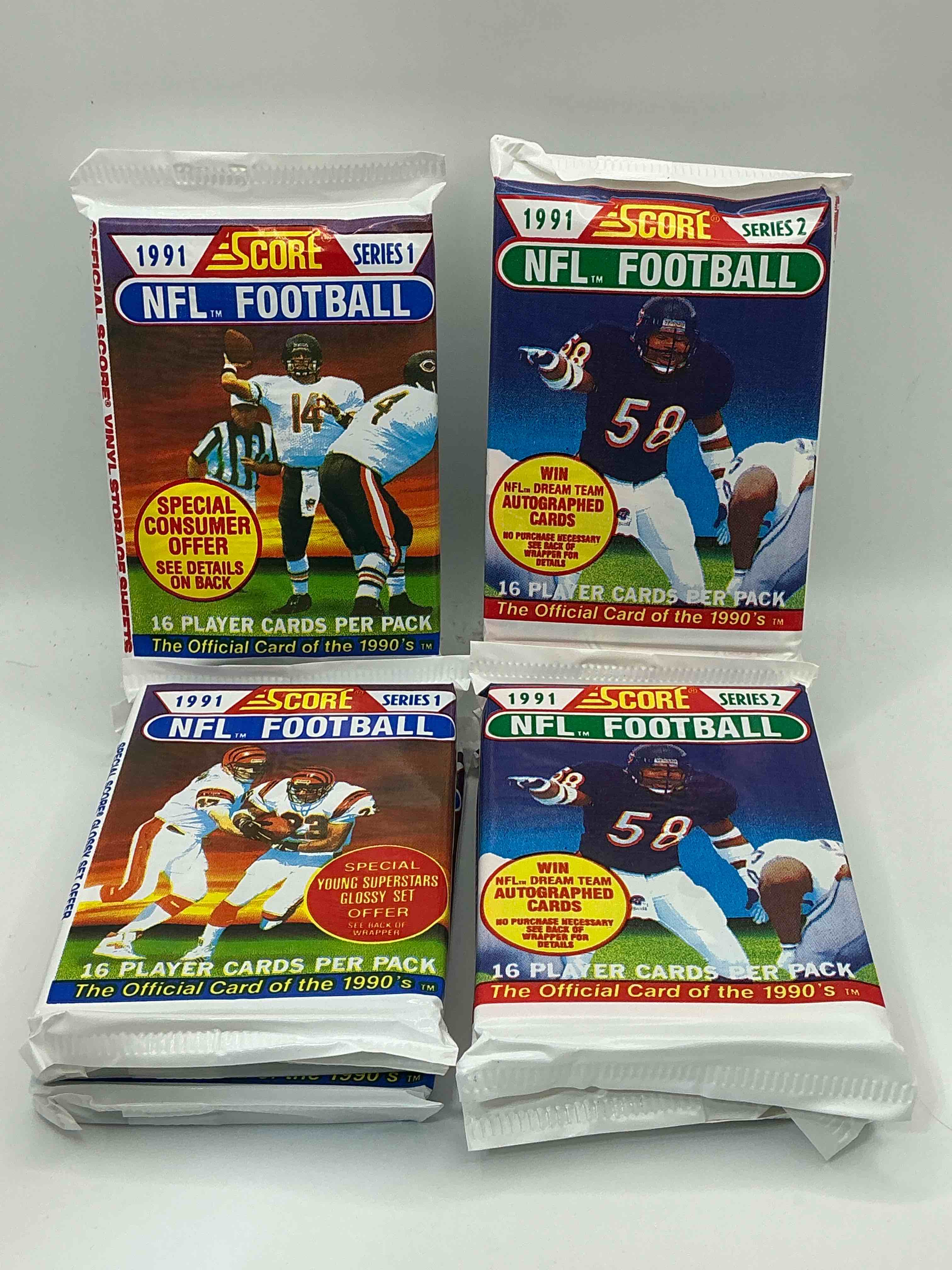 1991 NFL Score Football Sealed Card Packs Series I & II, Direct From Original Retail Case! These Cards Are Sought After By Collectors For Their Awesome, Nostalgic Look. Search For Brett Favre Rookie, Early Jerry Rice, Early Emmit Smith, Joe Montana & So Much More!