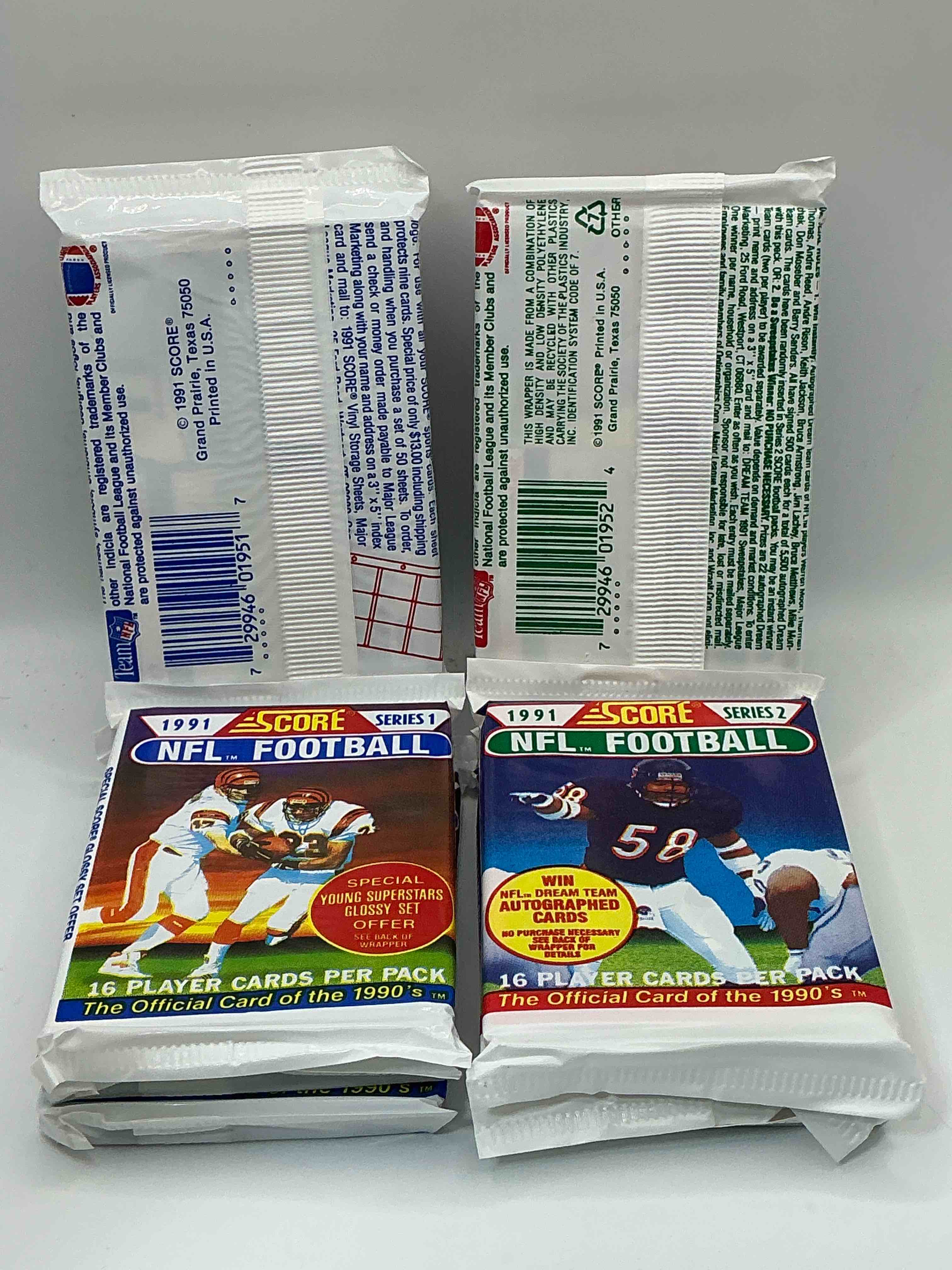 Condition photo showing New/Like New for 1991 NFL Score Football Sealed Card Packs Series I & II, Direct From Original Retail Case! These Cards Are Sought After By Collectors For Their Awesome, Nostalgic Look. Search For Brett Favre Rookie, Early Jerry Rice, Early Emmit Smith, Joe Montana & So Much More!