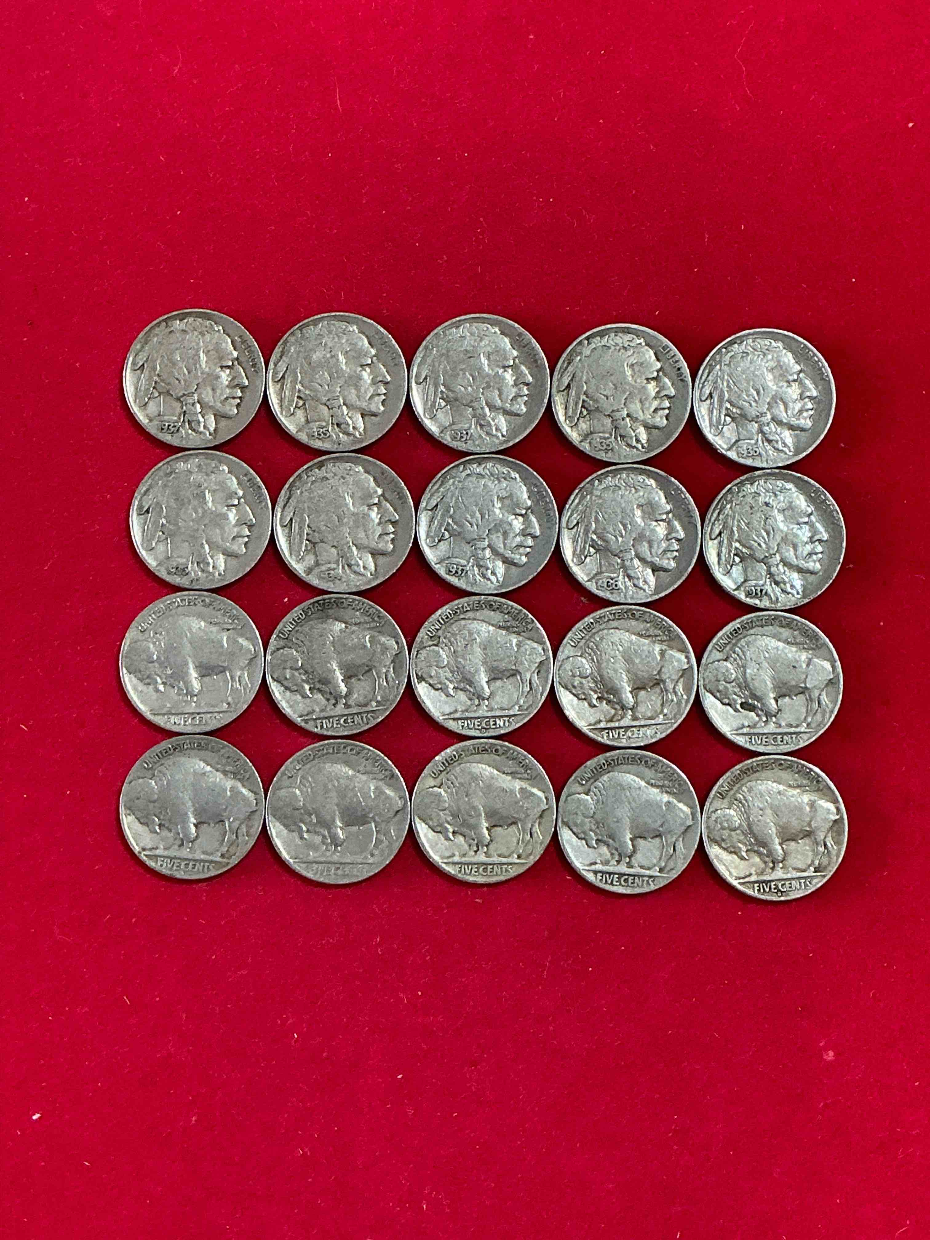 Condition photo showing Good Condition for Historic Buffalo Nickels! Indian Head Buffalo Nickels Were Minted From 1913 To 1938 & Have Become A Favorite For Coin Collectors Around The World! Own Pieces Of American History With These Cool Indian Head Buffalo Nickels In Circulated Condition, Most With Visible Dates Which Is Very Rare For Buffalo Nickels!