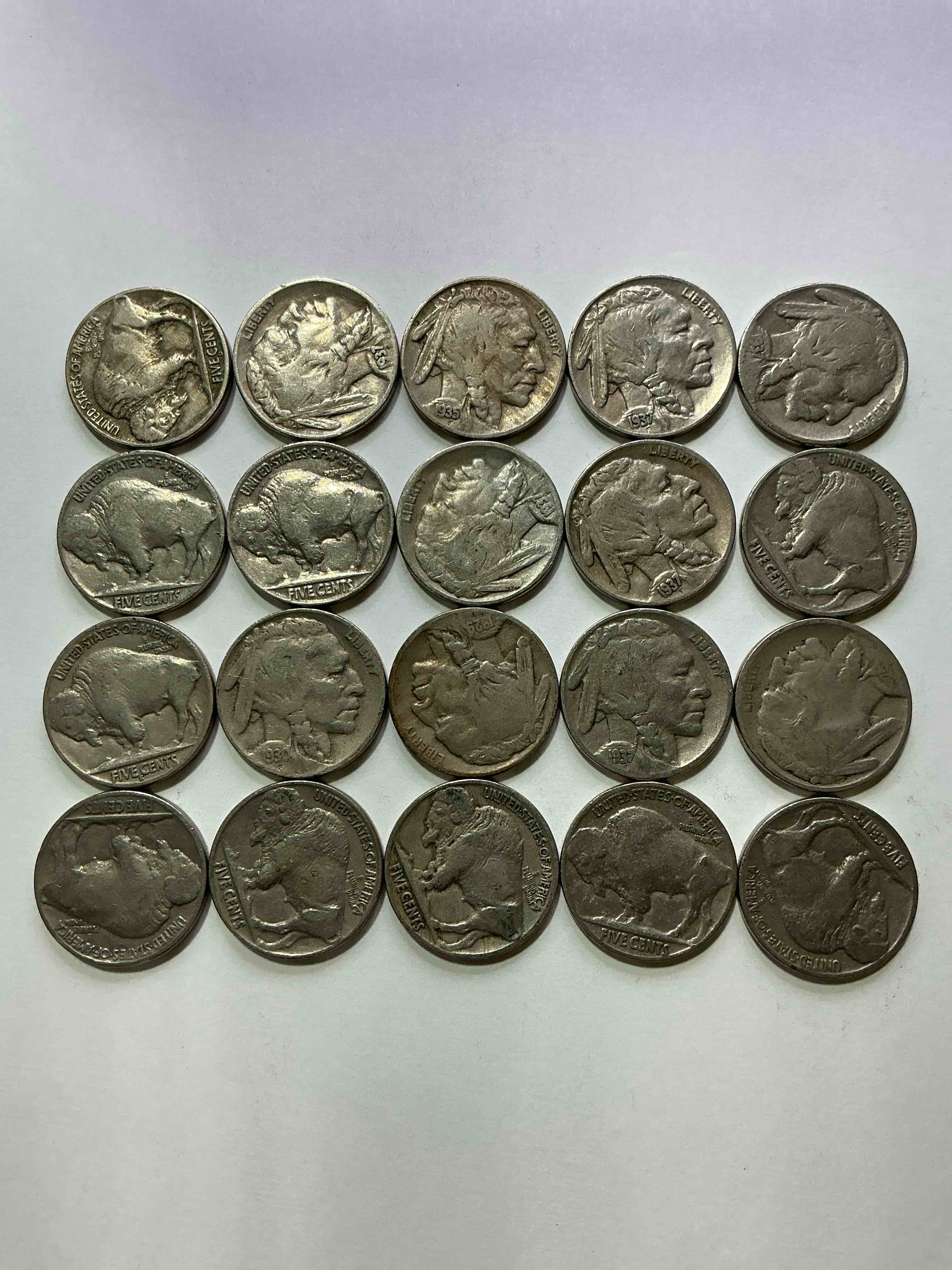 Condition photo showing Good Condition for Historic Buffalo Nickels! Indian Head Buffalo Nickels Were Minted From 1913 To 1938 & Have Become A Favorite For Coin Collectors Around The World! Own Pieces Of American History With These Cool Indian Head Buffalo Nickels In Circulated Condition, Most With Visible Dates Which Is Very Rare For Buffalo Nickels!