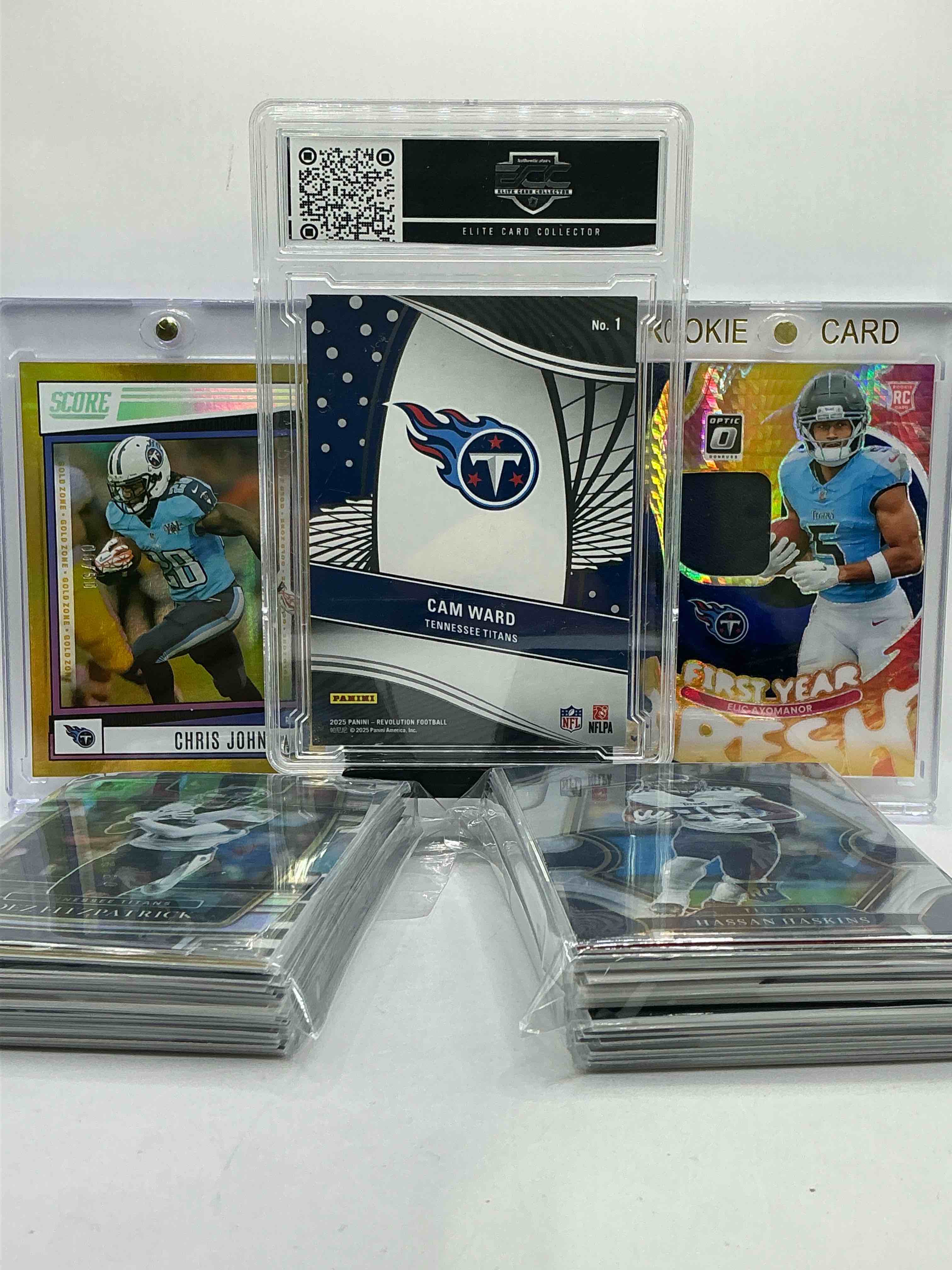 Condition photo showing New/Like New for Cam Ward Revolution Supernova In Perfect 10/10 Condition, Elic Ayomanor Optic Rookie Patch, Chris Johnson /50 & More! Insane Trio! Nashville Insanity! Titans Galore! This 50 Card Lot Includes Commons, Legends & More! Mostly Modern! 
