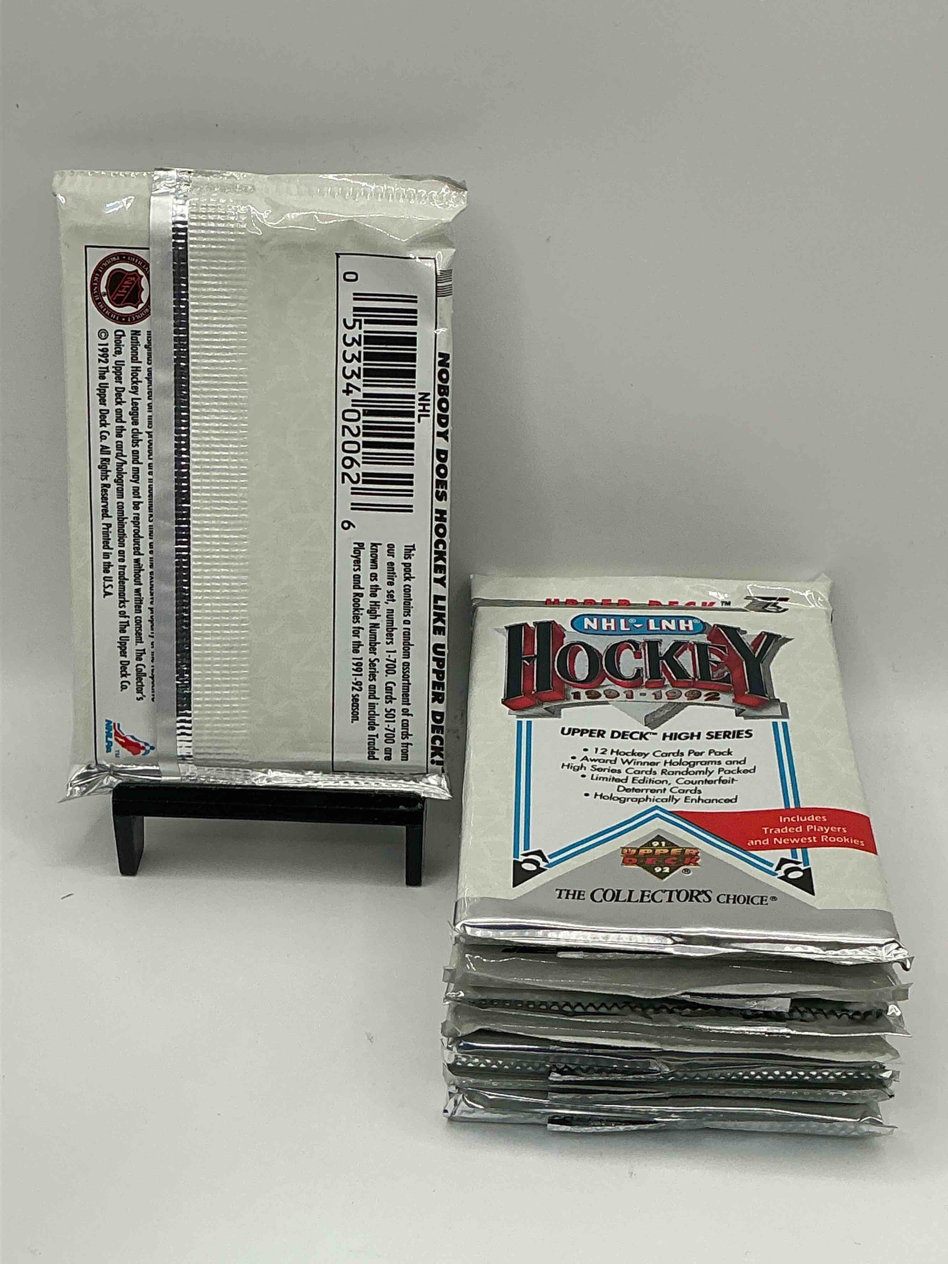 Condition photo showing New/Like New for Wow! 1991-92 NHL Upper Deck High Series Hockey Packs! Look for All Of Your Favorite Stars From The 90’s In These Rare Packs!