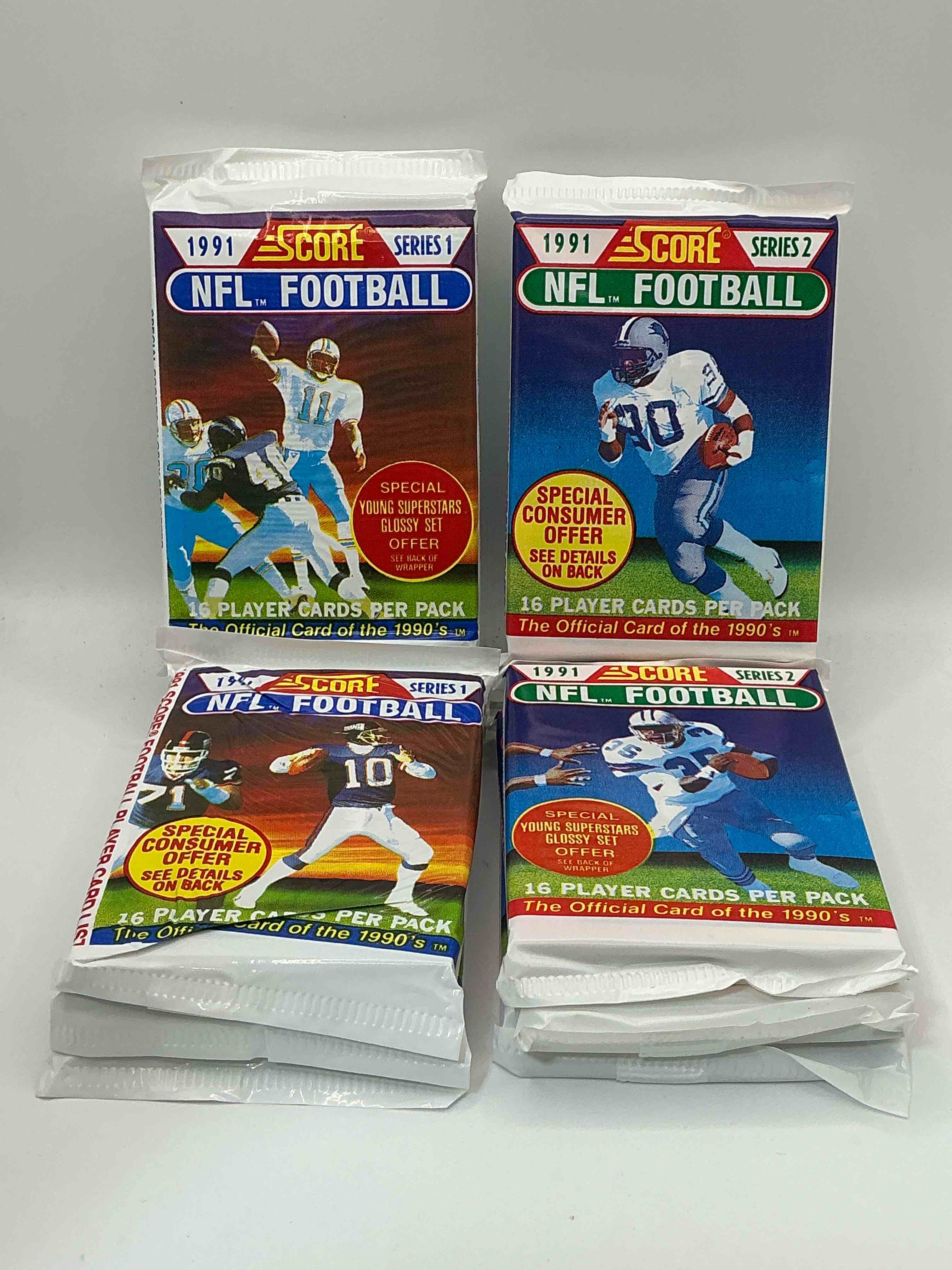 1991 NFL Score Football Sealed Card Packs Series I & II, Direct From Original Retail Case! These Cards Are Sought After By Collectors For Their Awesome, Nostalgic Look. Search For Brett Favre Rookie, Early Jerry Rice, Early Emmit Smith, Joe Montana & So Much More!