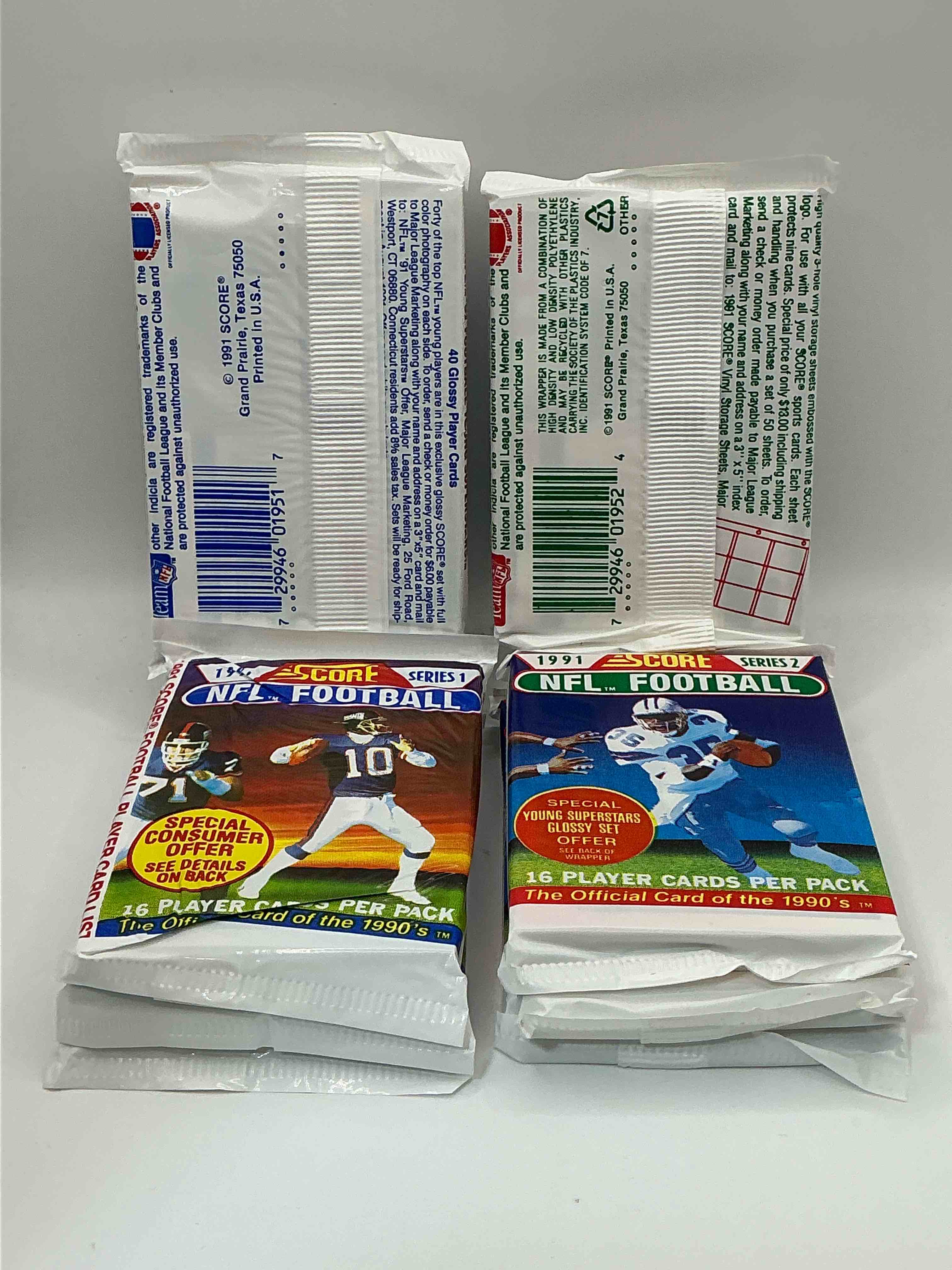Condition photo showing New/Like New for 1991 NFL Score Football Sealed Card Packs Series I & II, Direct From Original Retail Case! These Cards Are Sought After By Collectors For Their Awesome, Nostalgic Look. Search For Brett Favre Rookie, Early Jerry Rice, Early Emmit Smith, Joe Montana & So Much More!