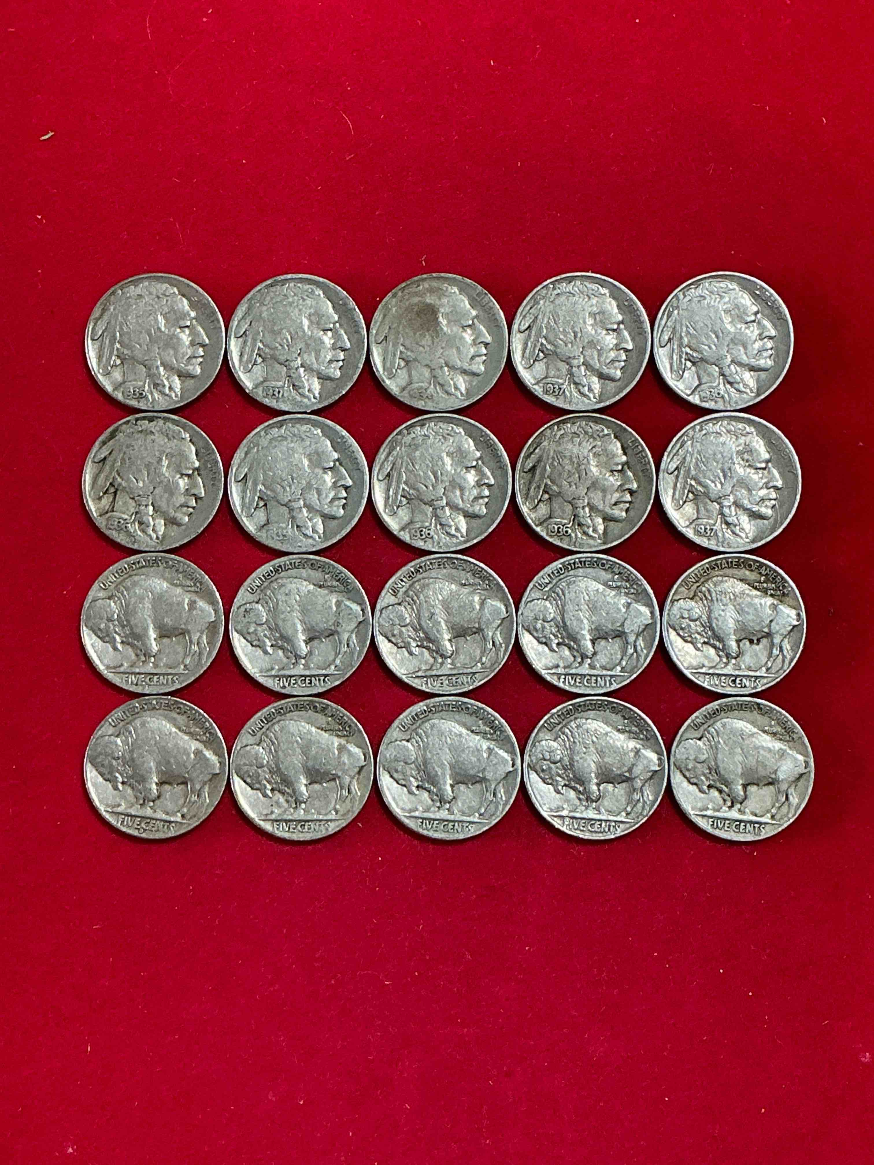 Condition photo showing Good Condition for Historic Buffalo Nickels! Indian Head Buffalo Nickels Were Minted From 1913 To 1938 & Have Become A Favorite For Coin Collectors Around The World! Own Pieces Of American History With These Cool Indian Head Buffalo Nickels In Circulated Condition, Most With Visible Dates Which Is Very Rare For Buffalo Nickels!
