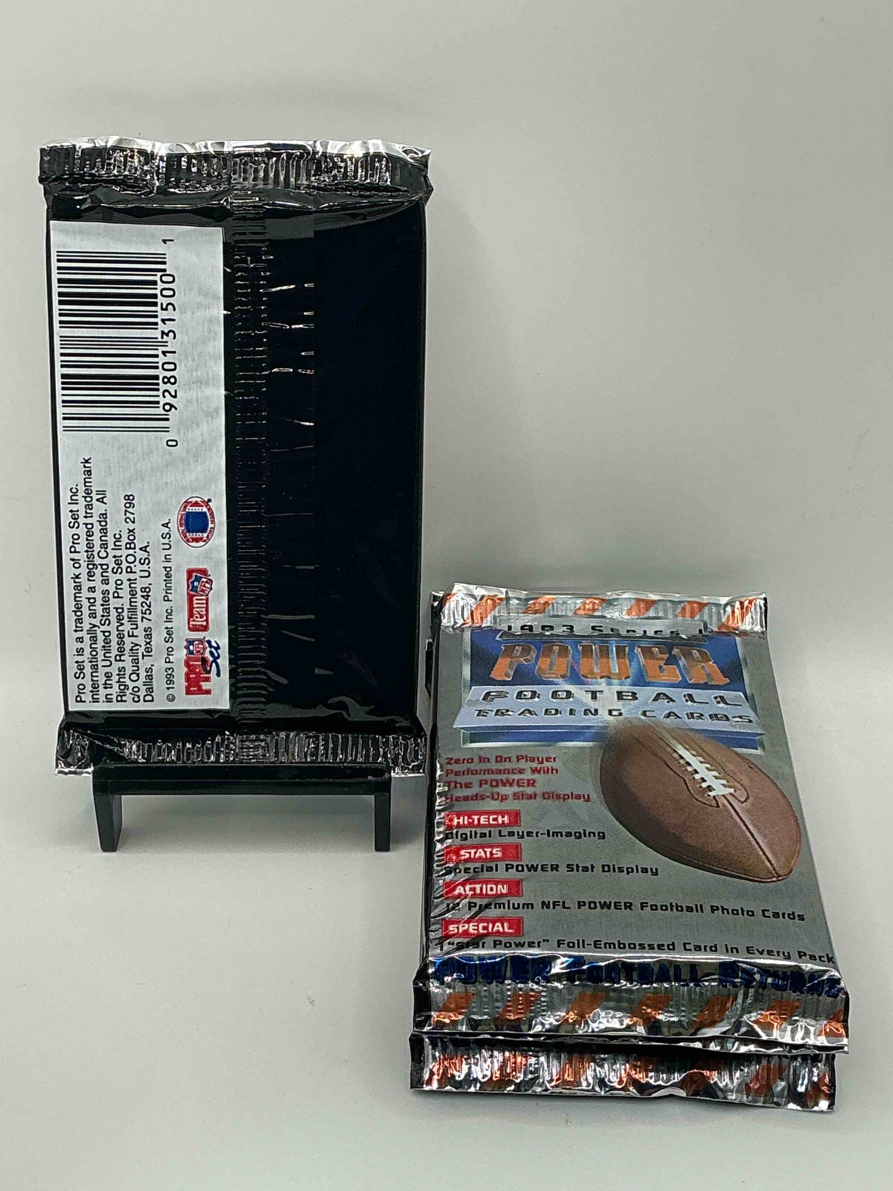 Condition photo showing New/Like New for BOOM! 1993 Pro Set POWER Football Trading Cards! One Star Foil Embossed Card In Every Pack! Search For Insane Cards From Joe Montana, Jerry Rice, Jerome Bettis & Drew Bledsoe Rookies, Barry Sanders, Bo Jackson & More!