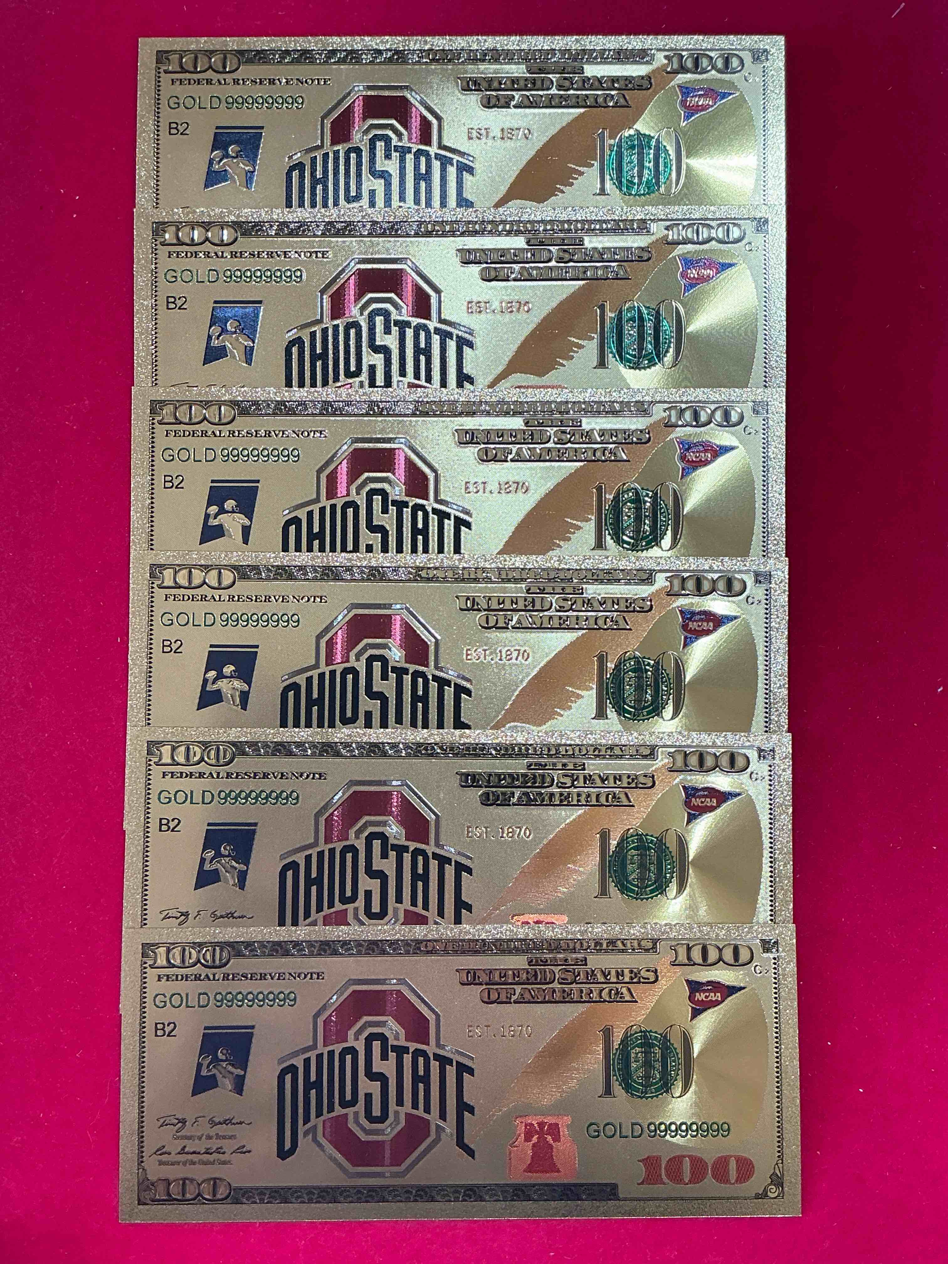 Ohio State University Collectible Memorabilia! Super Cool, Gold In Color 100 Dollar Commemorative Ohio State University Bill! Cool Designs On Front & Back Of Bill! OSU Fans Rejoice, Cool Memorabilia! Plastic Bills With Cool Designs! 