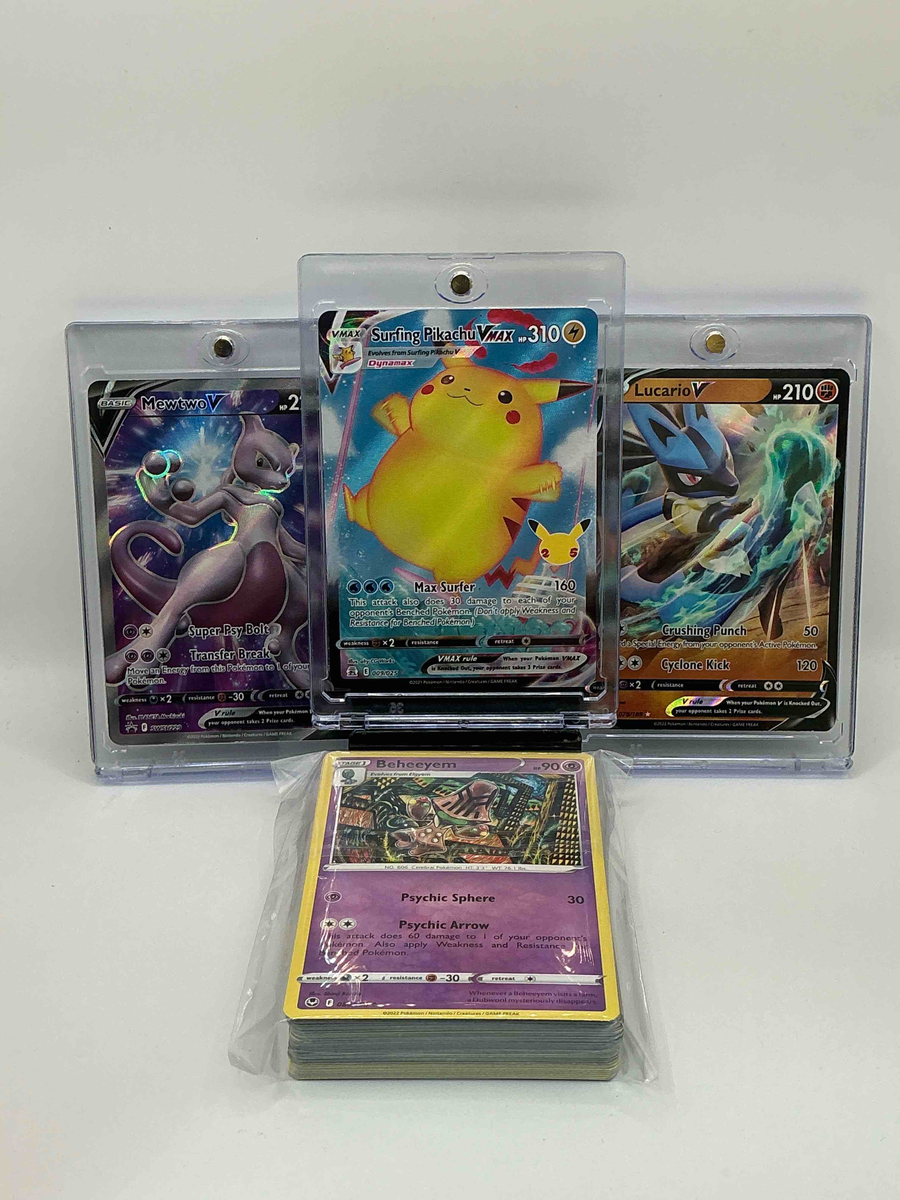 Pokémon Palooza! Surfing Pikachu VMAX! Mewtwo V! Lucario V! Along With 50 Other Pokémon Heroes, Holos, Legends & Commons!