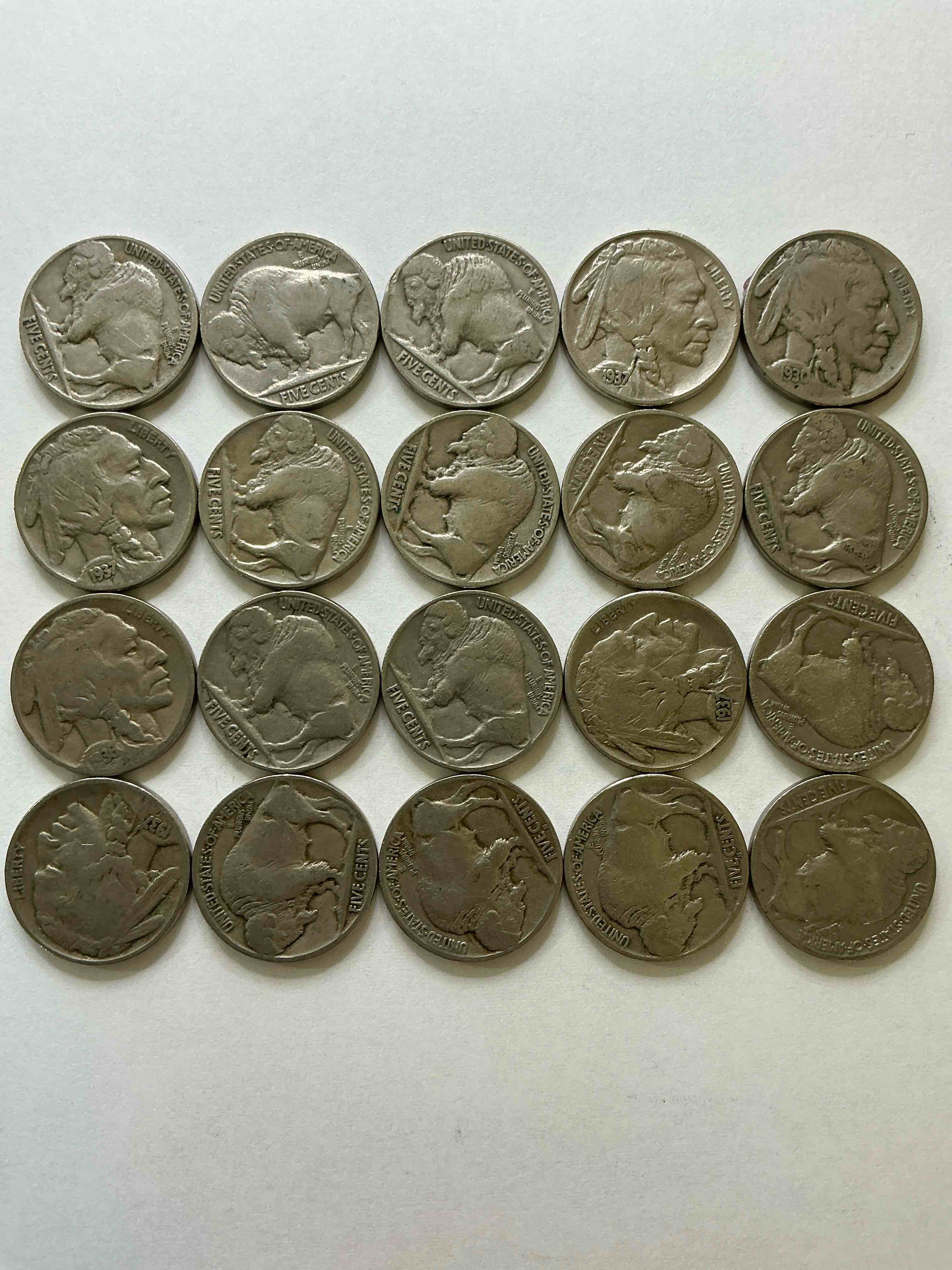 Condition photo showing Good Condition for Historic Buffalo Nickels! Indian Head Buffalo Nickels Were Minted From 1913 To 1938 & Have Become A Favorite For Coin Collectors Around The World! Own Pieces Of American History With These Cool Indian Head Buffalo Nickels In Circulated Condition, Most With Visible Dates Which Is Very Rare For Buffalo Nickels!