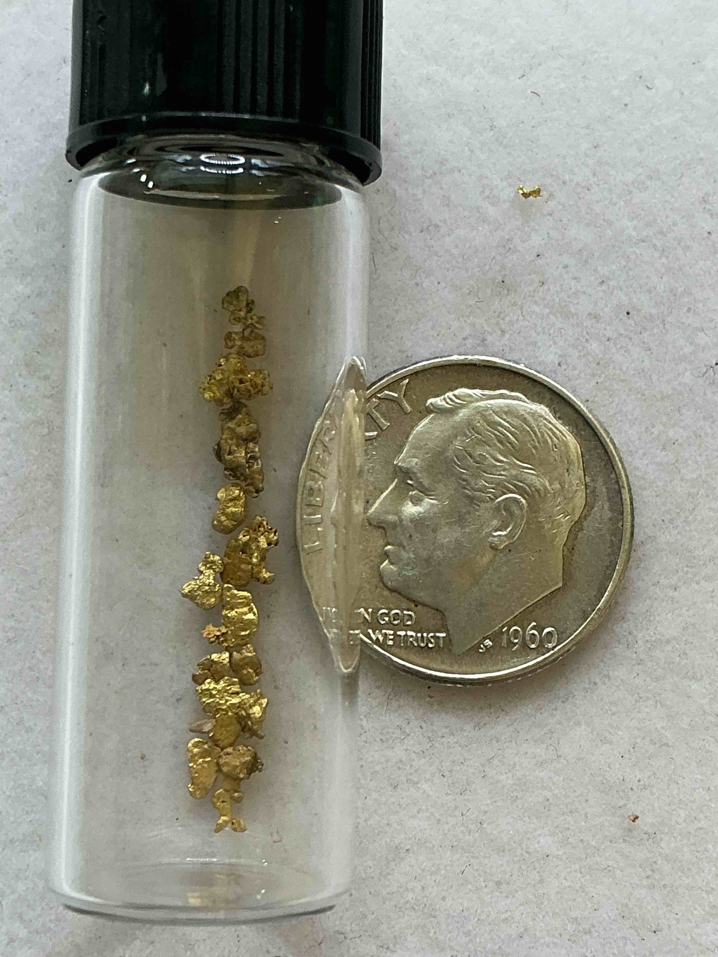 Condition photo showing New/Like New for Genuine Gold Nuggets! Gold Nuggets Fresh From Prospecting North Carolina Mountains, Total Weight Of All Nuggets Is Approximately .5 Grams. These Gold Nuggets Typically Test At Between Approx 22-24 Karat. Gold In Raw, Prospected Form Is Extremely Hard To Find & Much Rarer Than Any Refined Form. Get In On The Gold Craze... Gold Has Increased In Value Over 40% Since 2025! U.S. Dime For Size Reference Only (not included). Gold Vile In Image Included. Own Genuine, Gold Nuggets!