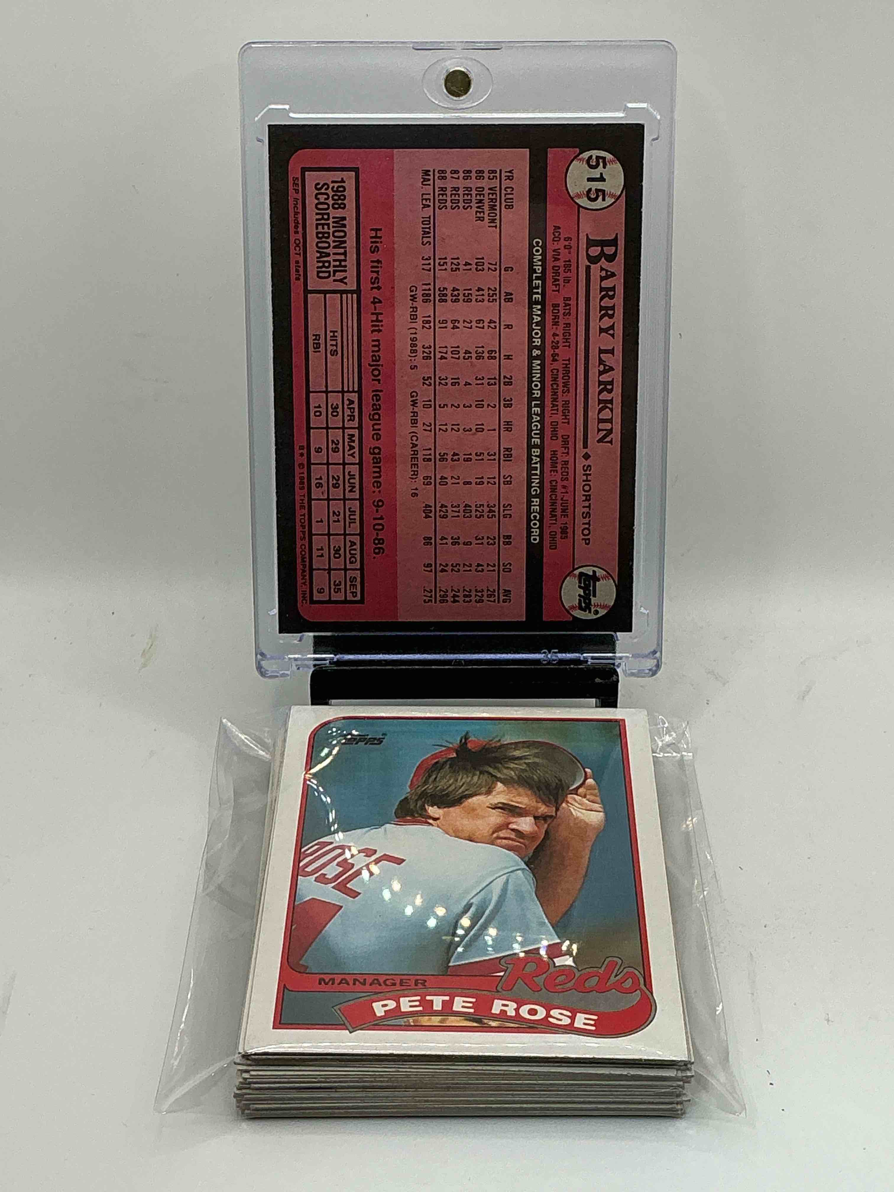 Condition photo showing New/Like New for 1989 Topps Reds Team Set! 28 Card Reds Set! Pete Rose, Tom Browning, Reds Team Card, Eddie Miller, Ron Oester & More! Reds Fans Rejoice!