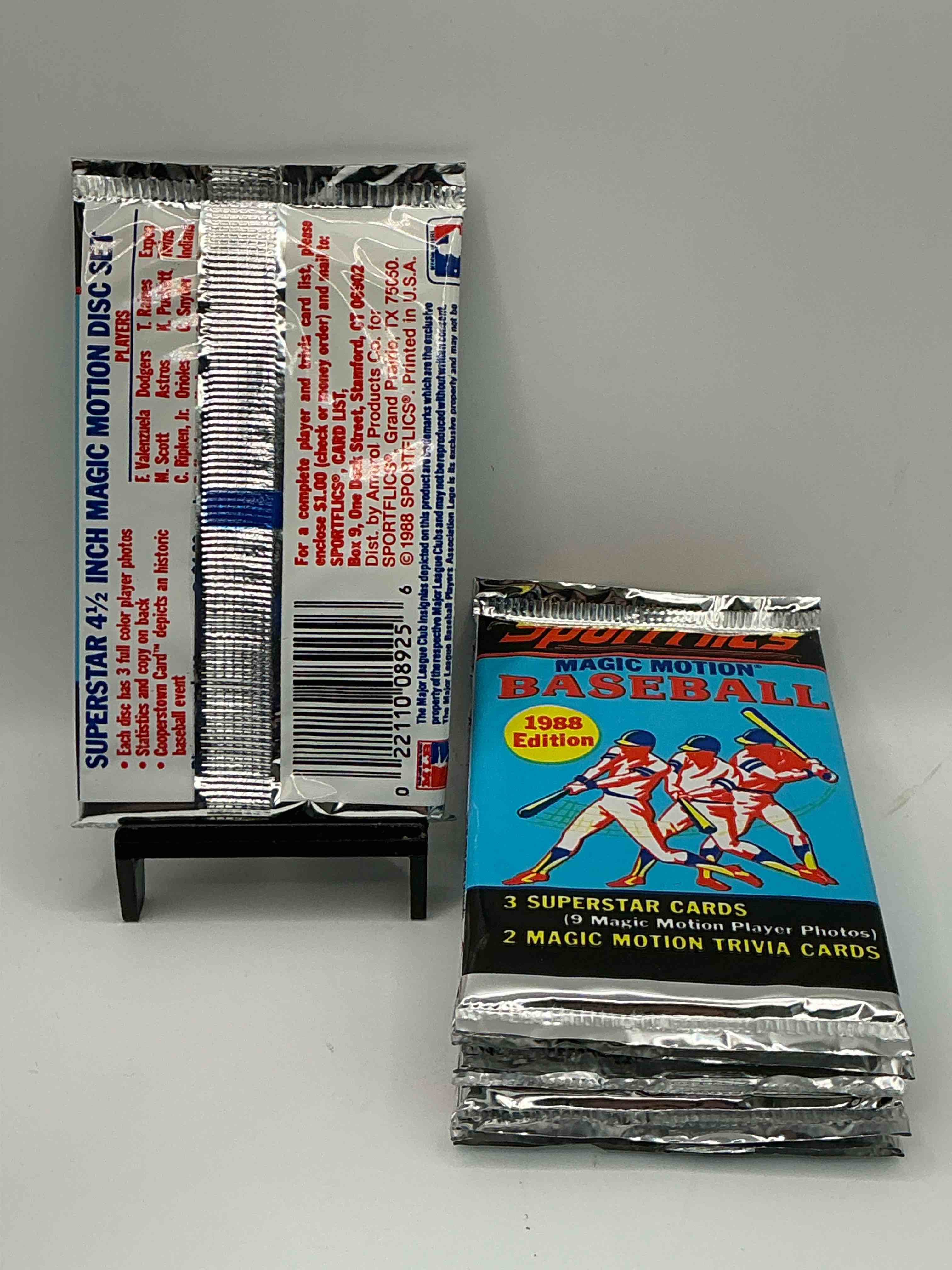Condition photo showing New/Like New for 1988 Sportflics Magic Motion Baseball MLB Packs, Direct From Retail Sealed Case! Find 3 Superstar Cards & 2 Magic Motion Trivia Cards Per Pack! Great For Any Baseball Fans!