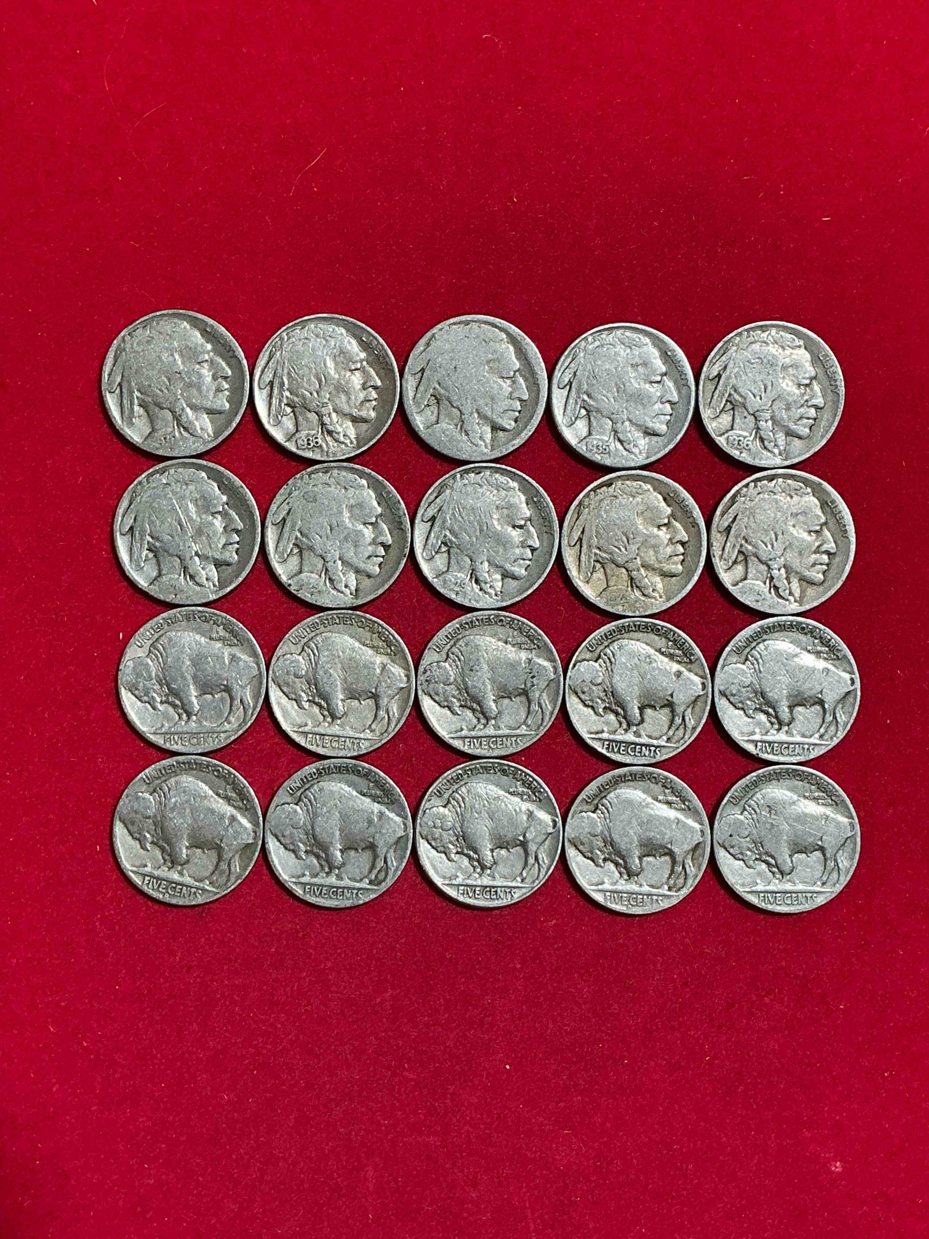 Condition photo showing Good Condition for Historic Buffalo Nickels! Indian Head Buffalo Nickels Were Minted From 1913 To 1938 & Have Become A Favorite For Coin Collectors Around The World! Own Pieces Of American History With These Cool Indian Head Buffalo Nickels In Circulated Condition, Most With Visible Dates Which Is Very Rare For Buffalo Nickels!
