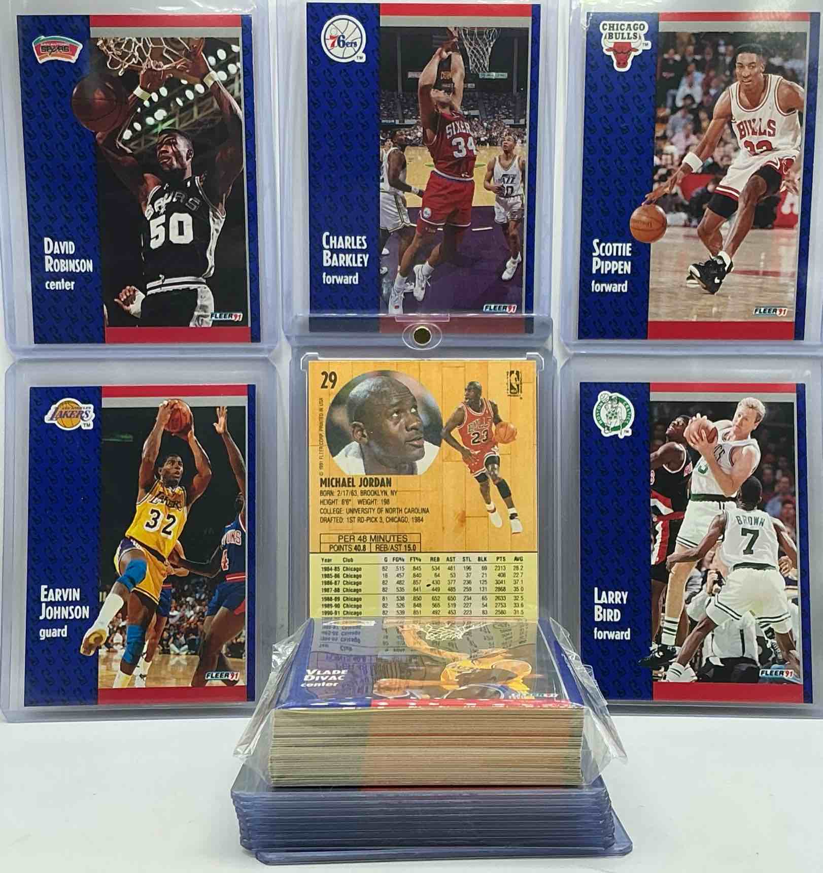 Condition photo showing New/Like New for Michael Jordan! 1991 Fleer 50 Card Basketball! All Stars, League Leaders, Commons & More! The BEST Cards From The Year! Michael Jordan, Larry Bird, Magic Johnson, Scottie Pippen, David Robinson, Charles Barkley, Akeem Olajuwon, Karl Malone, Clyde Drexler & More! All Stars, Hall Of Famers, Champions & More, The Perfect Mix Of Miscellaneous '91 NBA Variety!