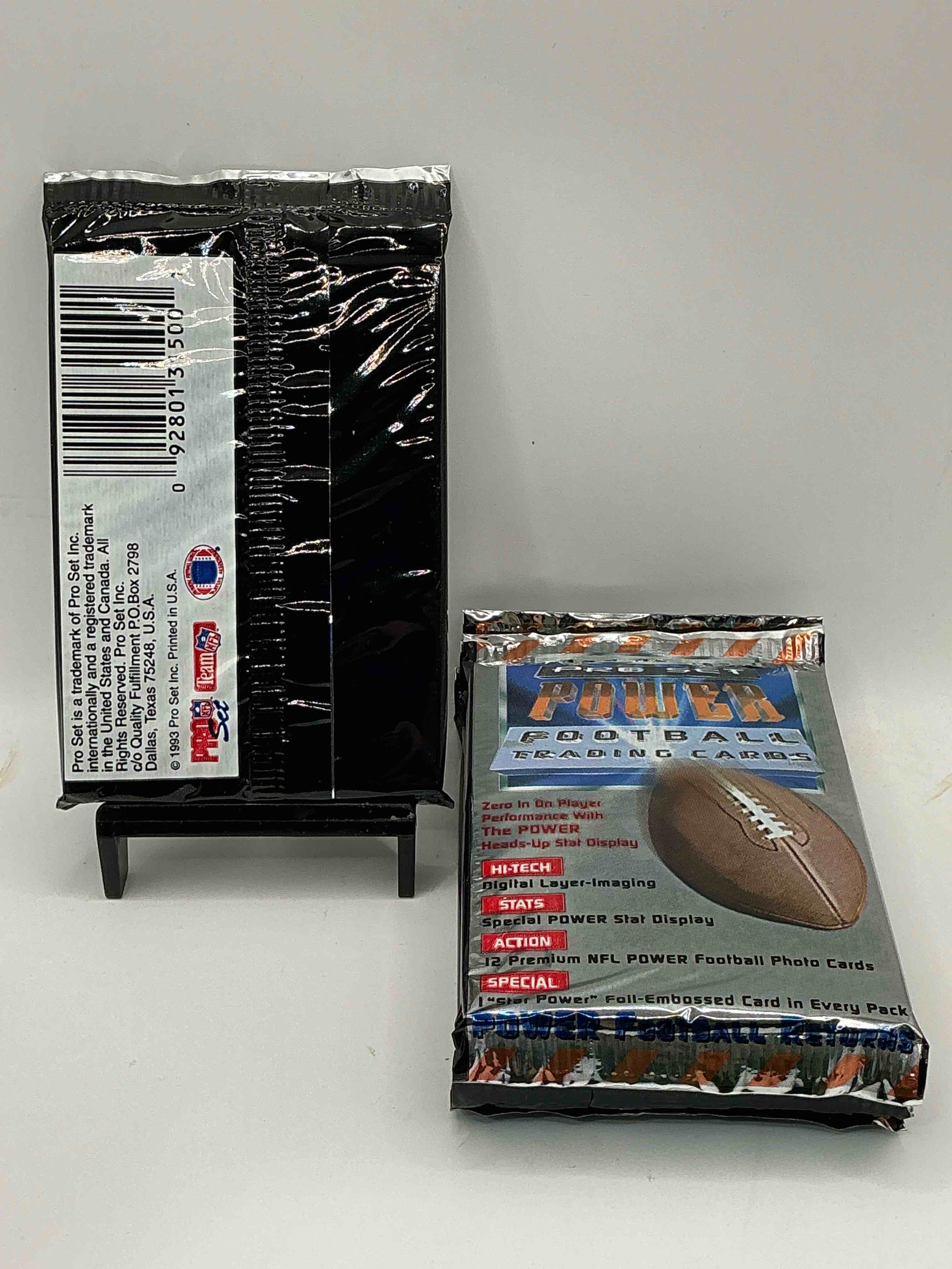 Condition photo showing New/Like New for BOOM! 1993 Pro Set POWER Football Trading Cards! One Star Foil Embossed Card In Every Pack! Search For Insane Cards From Joe Montana, Jerry Rice, Jerome Bettis & Drew Bledsoe Rookies, Barry Sanders, Bo Jackson & More!