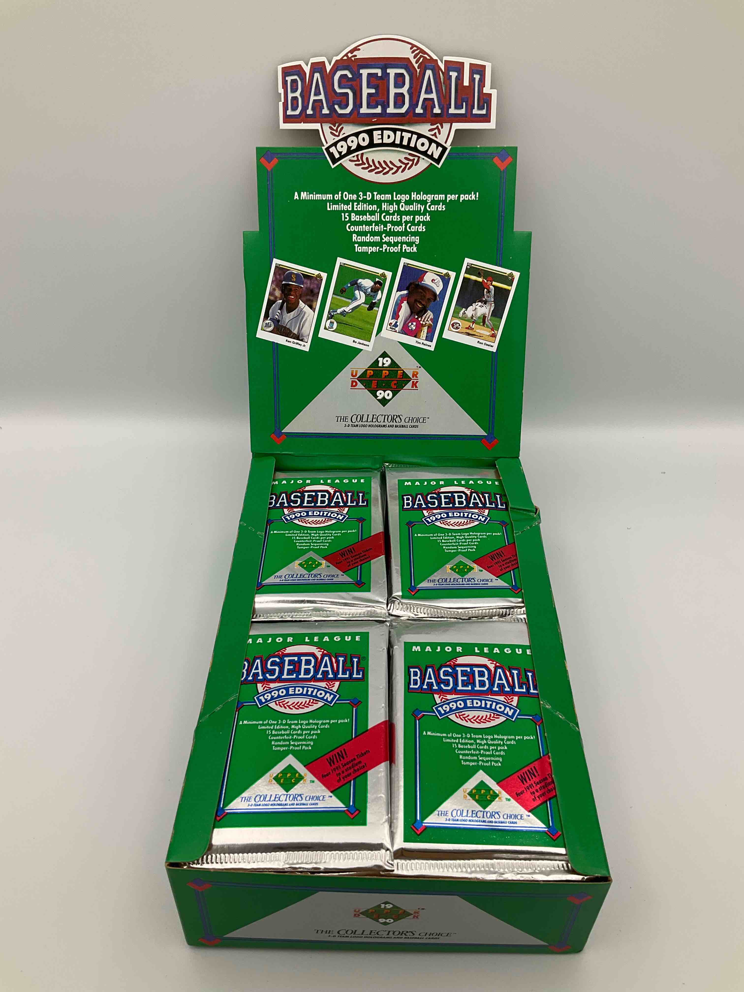 Condition photo showing New/Like New for 1990 Upper Deck Baseball Unopened Sports Trading Card Packs! Direct From Original Box! Look For Possible Collector's 3D Team Logo Card! As Well As Early Ken Griffey Jr. Cards!