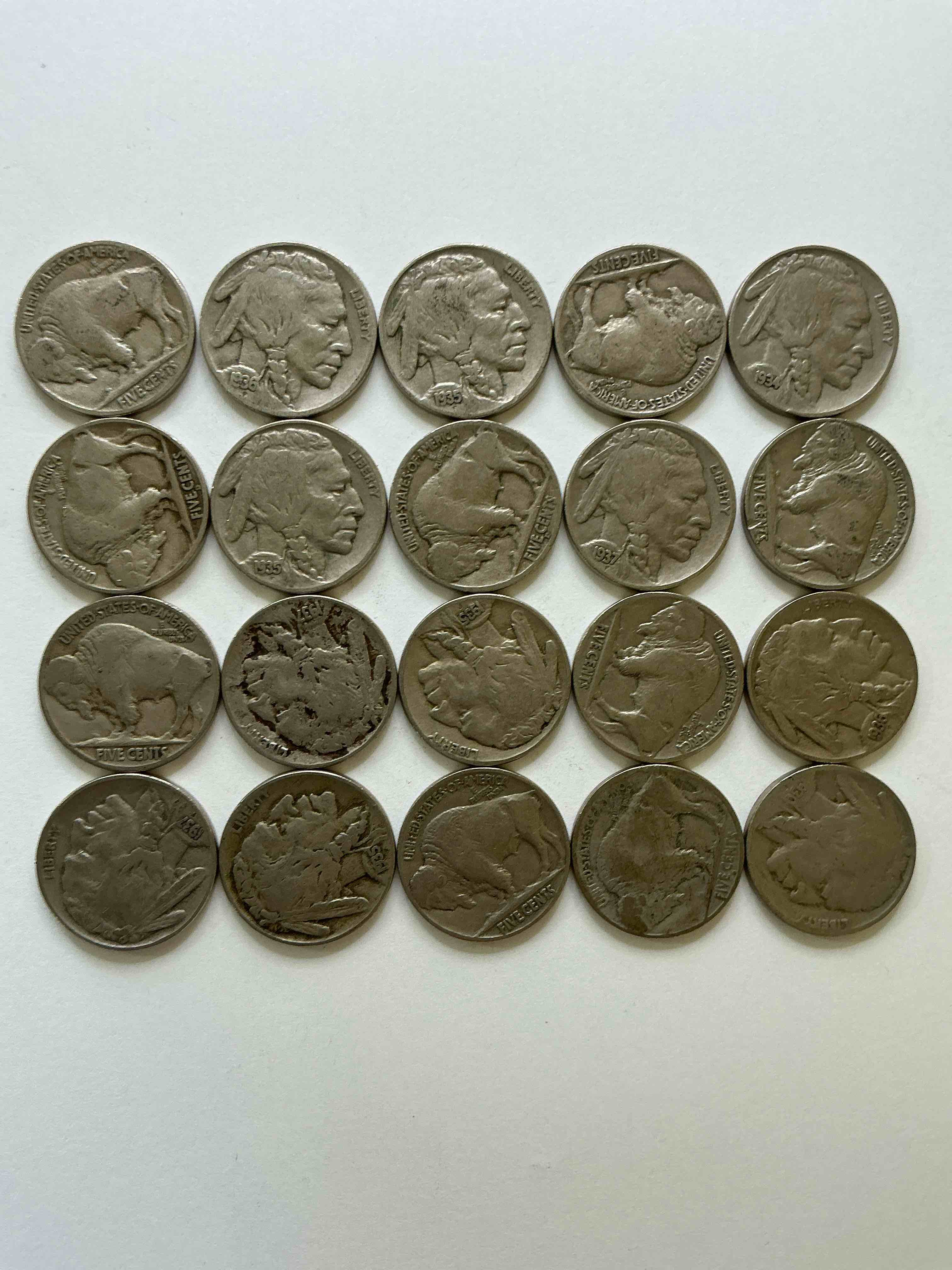 Condition photo showing New/Like New for Historic Buffalo Nickels! Indian Head Buffalo Nickels Were Minted From 1913 To 1938 & Have Become A Favorite For Coin Collectors Around The World! Own Pieces Of American History With These Cool Indian Head Buffalo Nickels In Circulated Condition, Most With Visible Dates Which Is Very Rare For Buffalo Nickels!