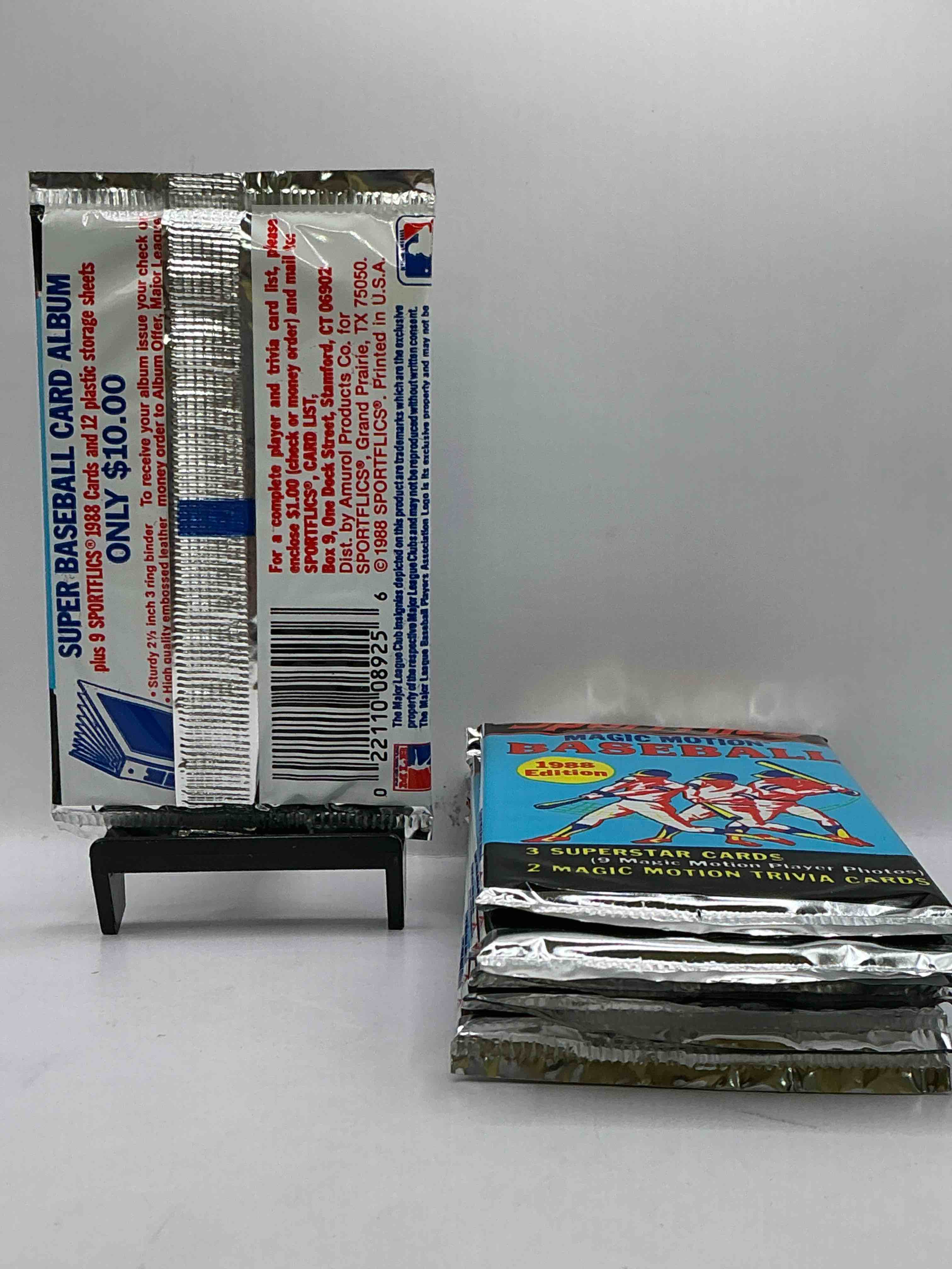 Condition photo showing New/Like New for 1988 Sportflics Magic Motion Baseball MLB Packs, Direct From Retail Sealed Case! Find 3 Superstar Cards & 2 Magic Motion Trivia Cards Per Pack! Great For Any Baseball Fans!