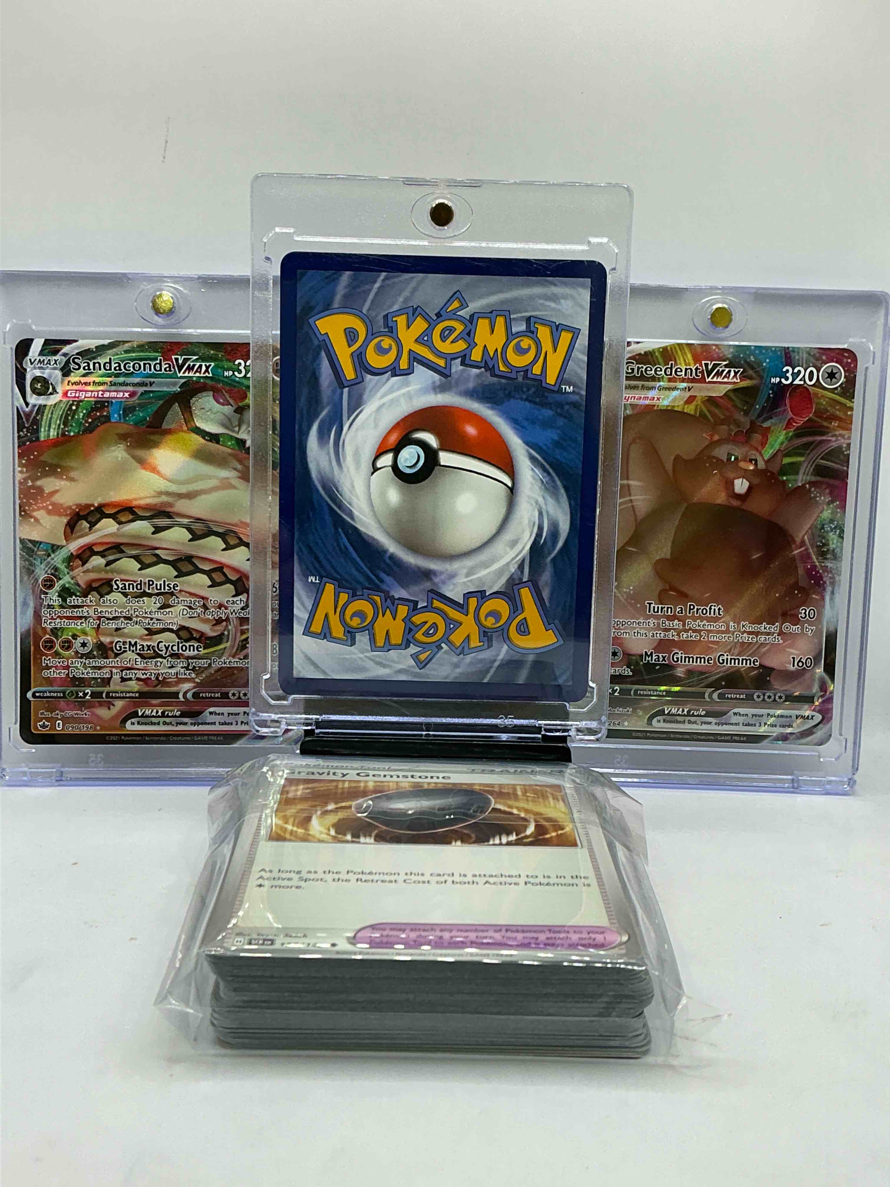 Condition photo showing New/Like New for Pikachu VMAX, Sandaconda VMAX & Greedent VMAX! WOW! Insane VMAX Trio! Pokémon Party! This 50 Card Lot Includes Commons, Legends & More!