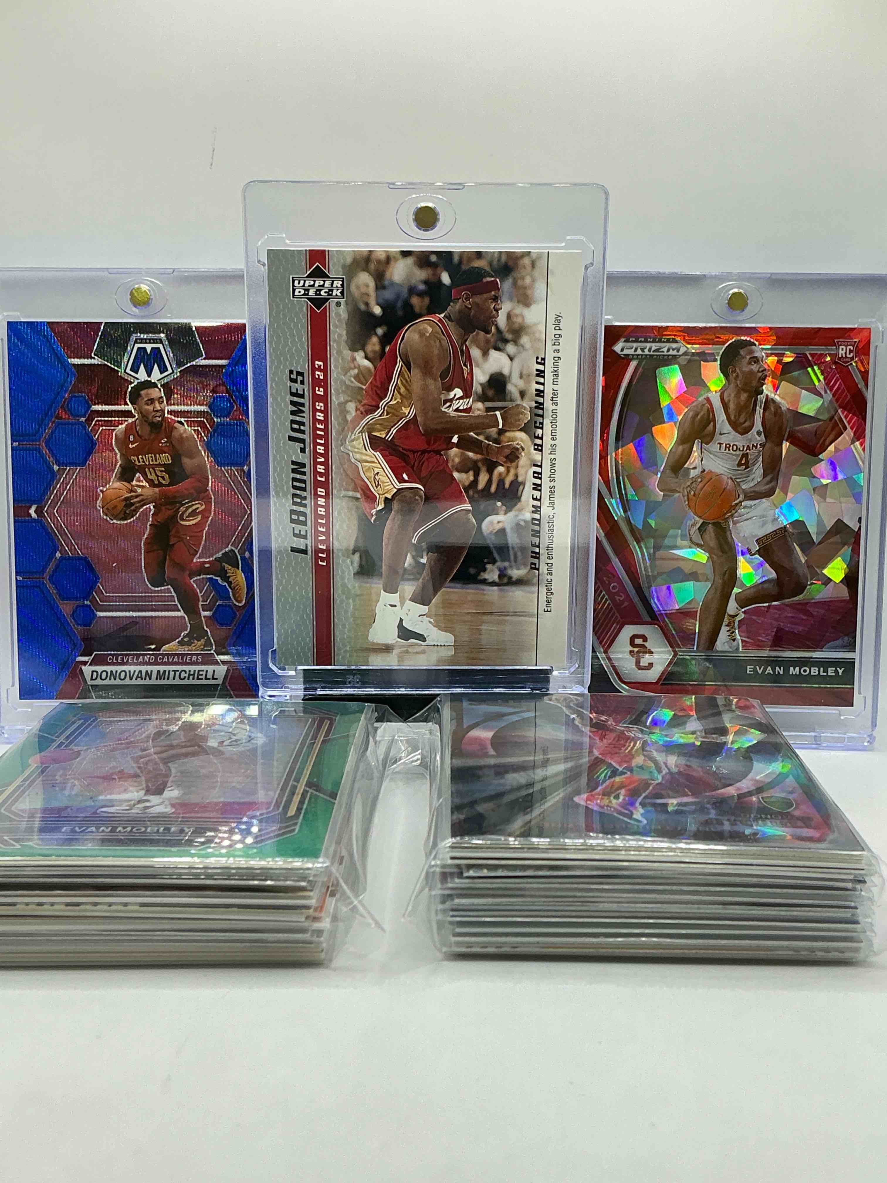 LeBron James Upper Deck Rookie Card, Donovan Mitchell Blue Mosaic, Evan Mobley Cracked Ice Prizm Rookie & More! Insane Trio! Cavaliers Craziness! This 50 Card Craziness Includes Commons, Legends & More! WOW! Modern Cavs!