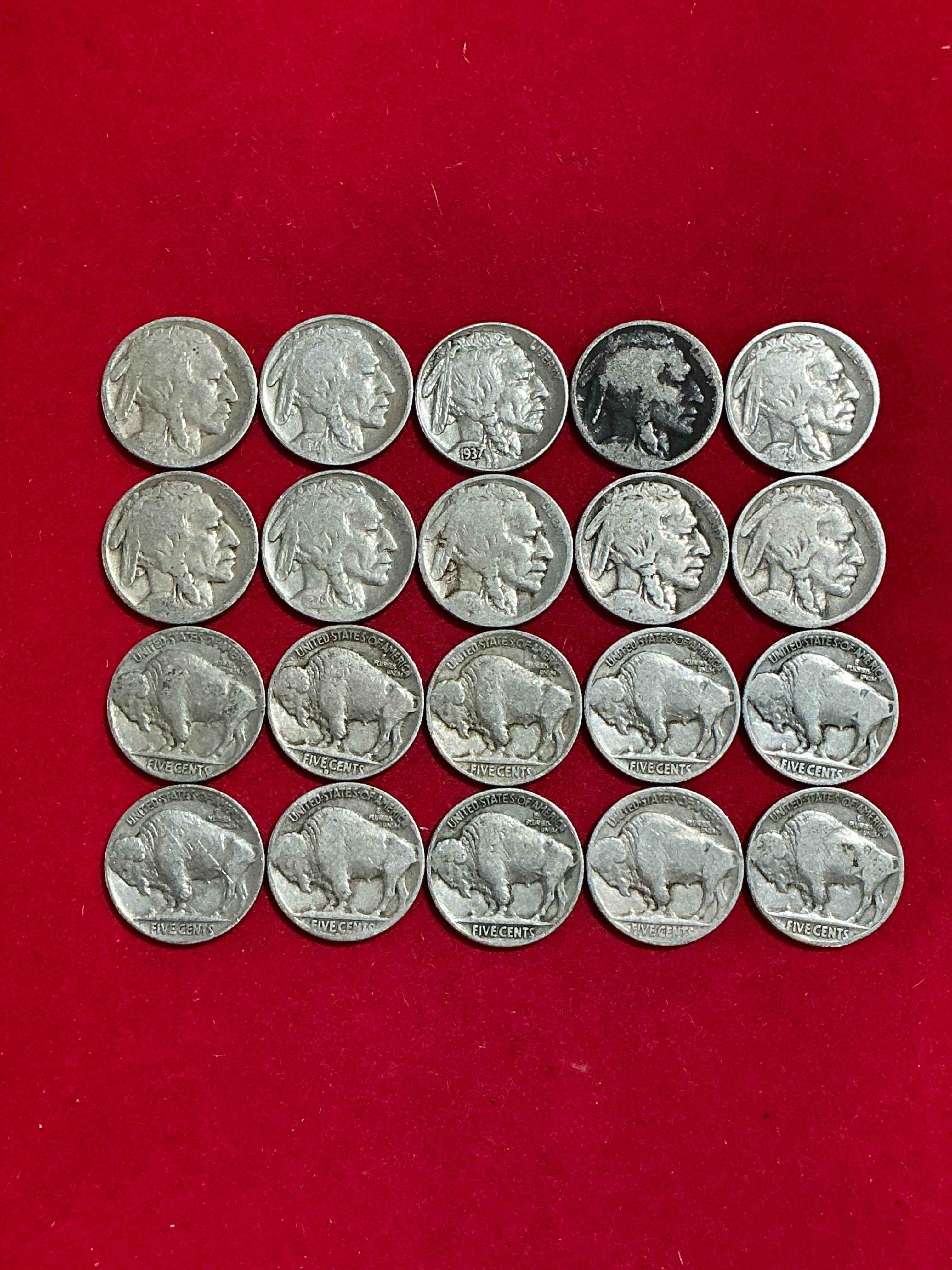Condition photo showing Good Condition for Historic Buffalo Nickels! Indian Head Buffalo Nickels Were Minted From 1913 To 1938 & Have Become A Favorite For Coin Collectors Around The World! Own Pieces Of American History With These Cool Indian Head Buffalo Nickels In Circulated Condition, Most With Visible Dates Which Is Very Rare For Buffalo Nickels!
