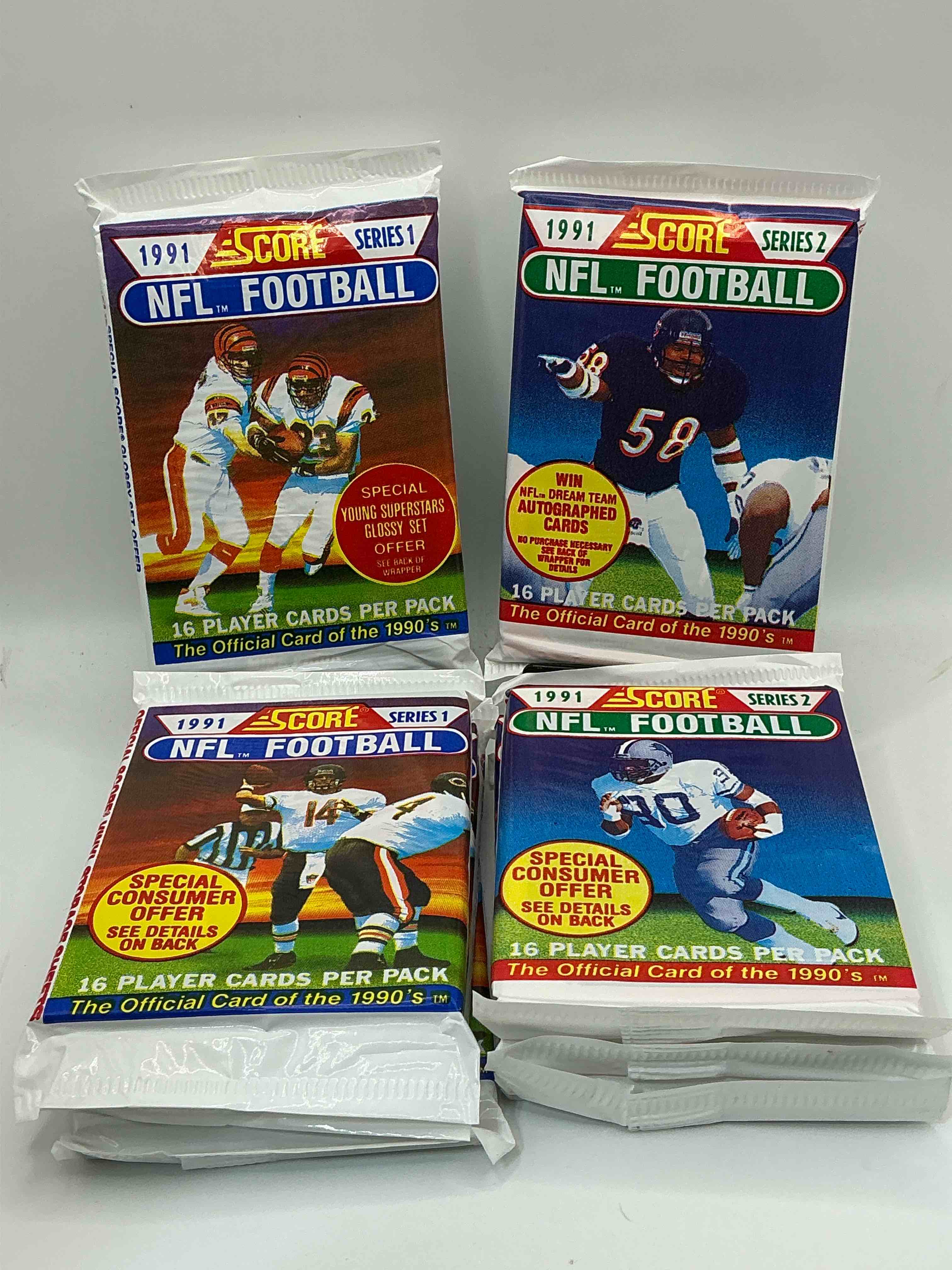 1991 NFL Score Football Sealed Card Packs Series I & II, Direct From Original Retail Case! These Cards Are Sought After By Collectors For Their Awesome, Nostalgic Look. Search For Brett Favre Rookie, Early Jerry Rice, Early Emmit Smith, Joe Montana & So Much More!