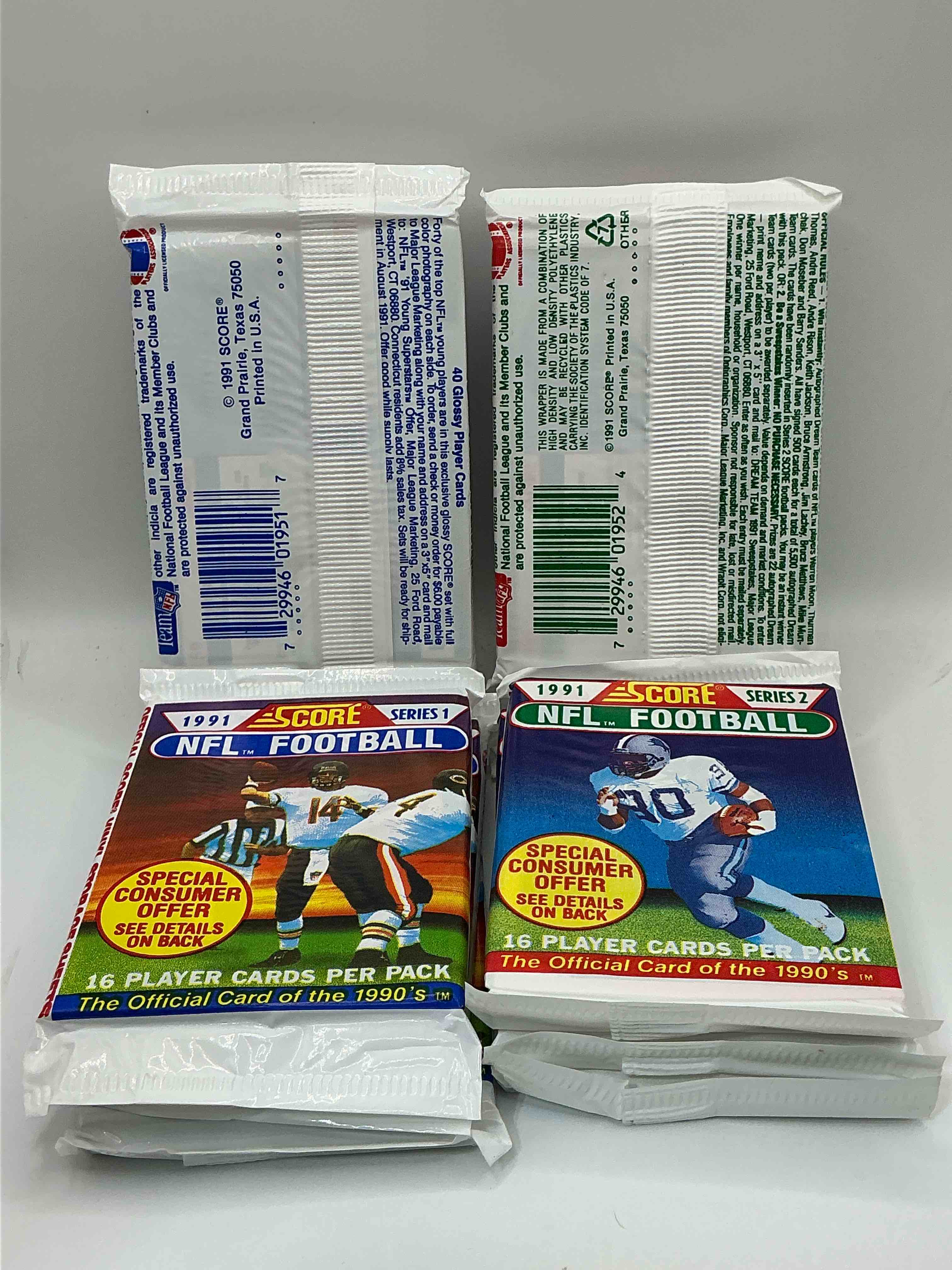 Condition photo showing New/Like New for 1991 NFL Score Football Sealed Card Packs Series I & II, Direct From Original Retail Case! These Cards Are Sought After By Collectors For Their Awesome, Nostalgic Look. Search For Brett Favre Rookie, Early Jerry Rice, Early Emmit Smith, Joe Montana & So Much More!