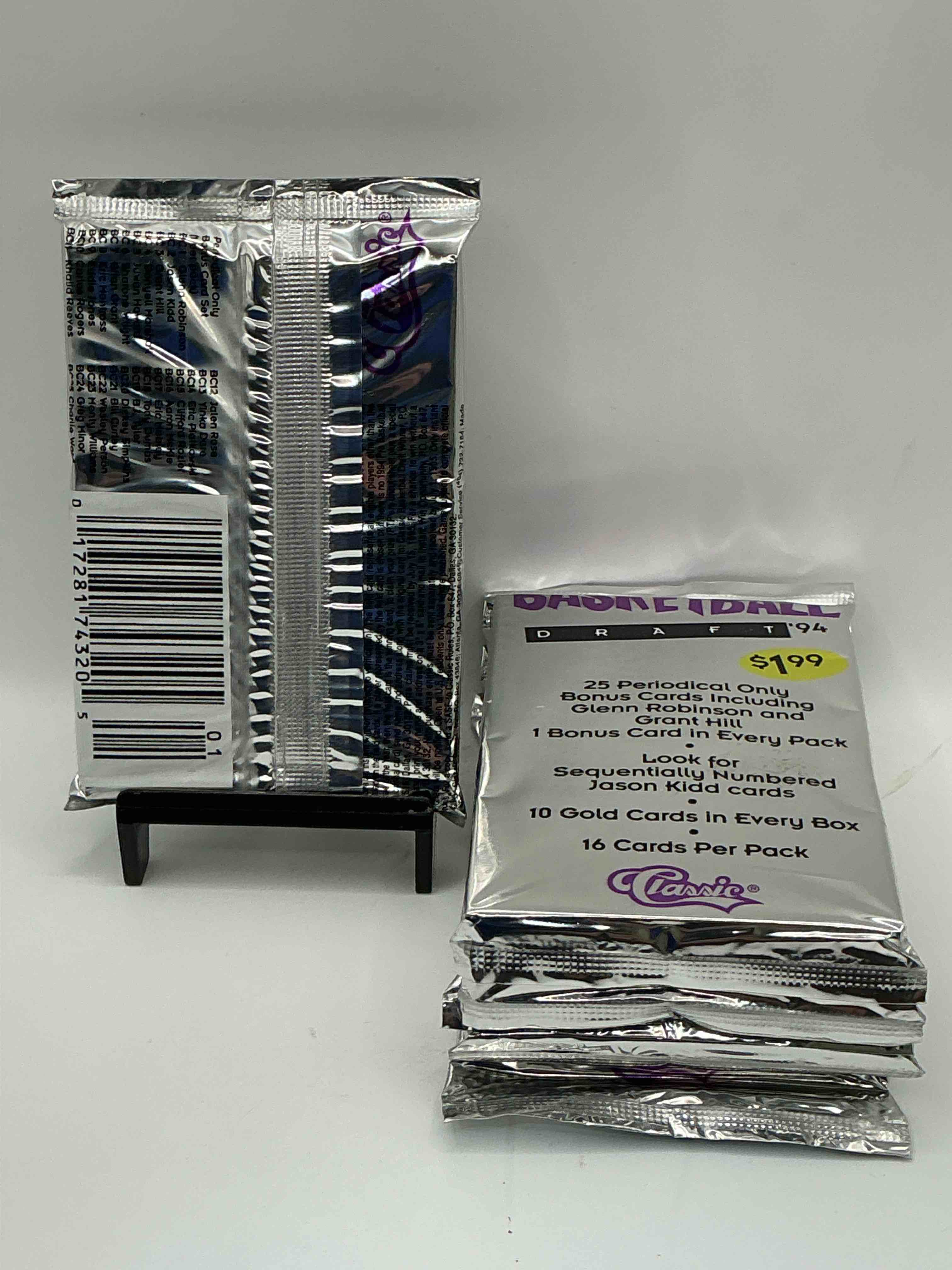 Condition photo showing New/Like New for 1994 Classic Draft Picks Unopened Basketball Packs! Search For Jason Kidd & Grant Hill Rookies, Along With Other Big Names From The Year! Look For Exclusive Illustrated Cards & Numbered Cards Too!