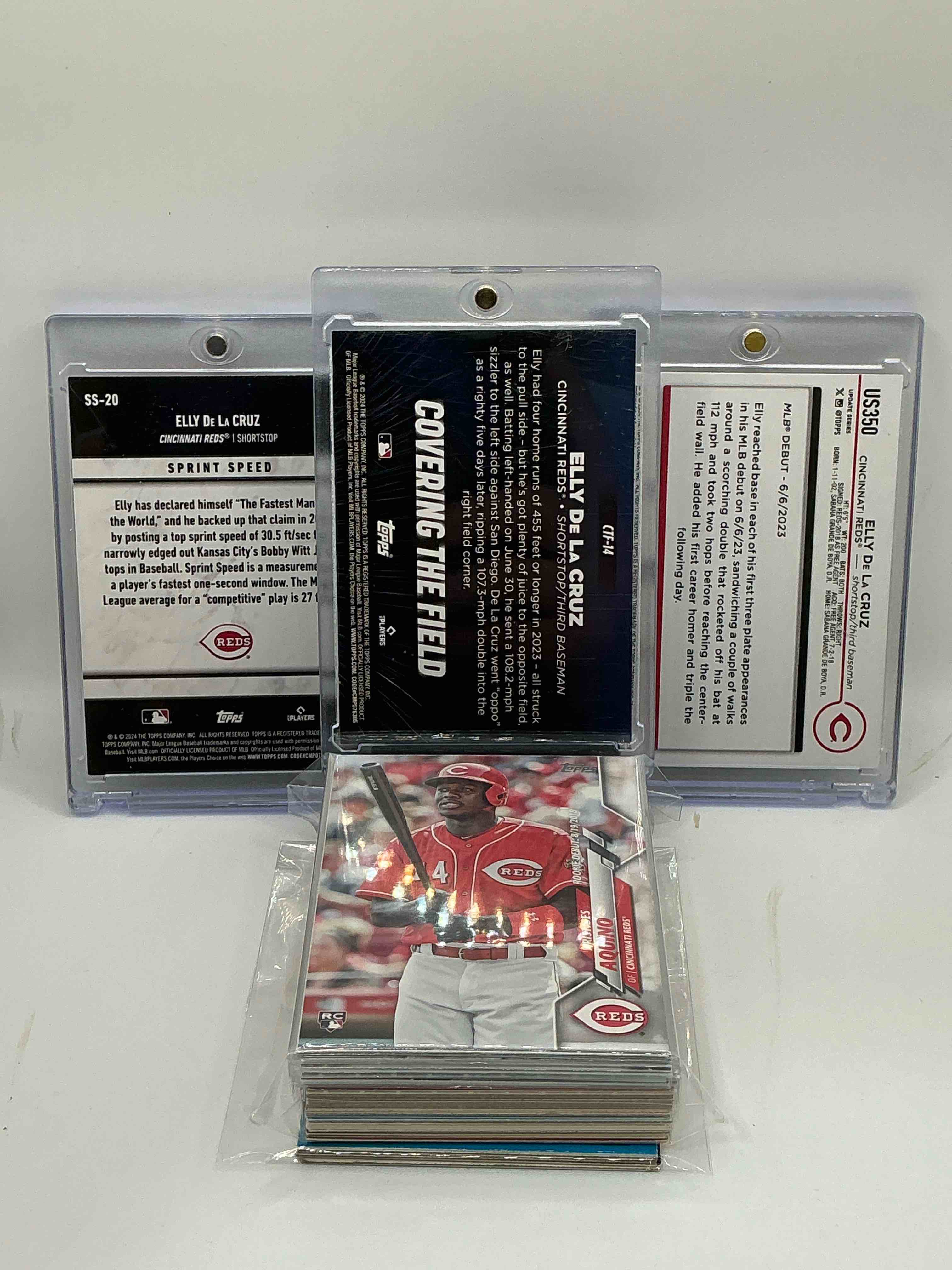 Condition photo showing New/Like New for Reds Rambunctiousness! 2024 Topps “Covering The Field” Rookie Elly De La Cruz! 2024 Topps “30.5 Ft/Sec” Rookie Elly De La Cruz! 2024 Topps Rookie Elly De La Cruz Rookie! Along With 50 Other Reds Heroes, Legends, Rookies & Commons!