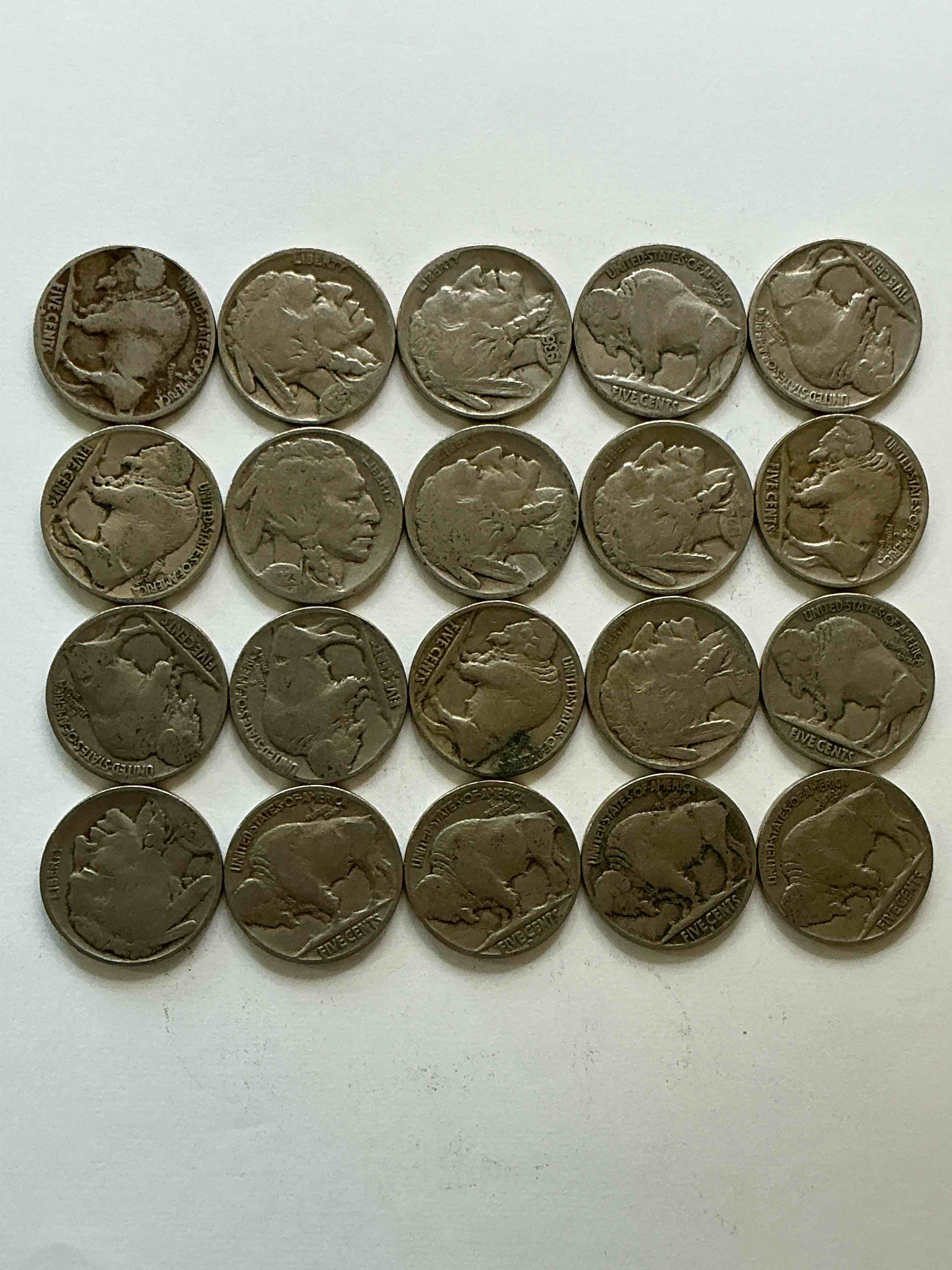 Condition photo showing Good Condition for Historic Buffalo Nickels! Indian Head Buffalo Nickels Were Minted From 1913 To 1938 & Have Become A Favorite For Coin Collectors Around The World! Own Pieces Of American History With These Cool Indian Head Buffalo Nickels In Circulated Condition, Most With Visible Dates Which Is Very Rare For Buffalo Nickels!
