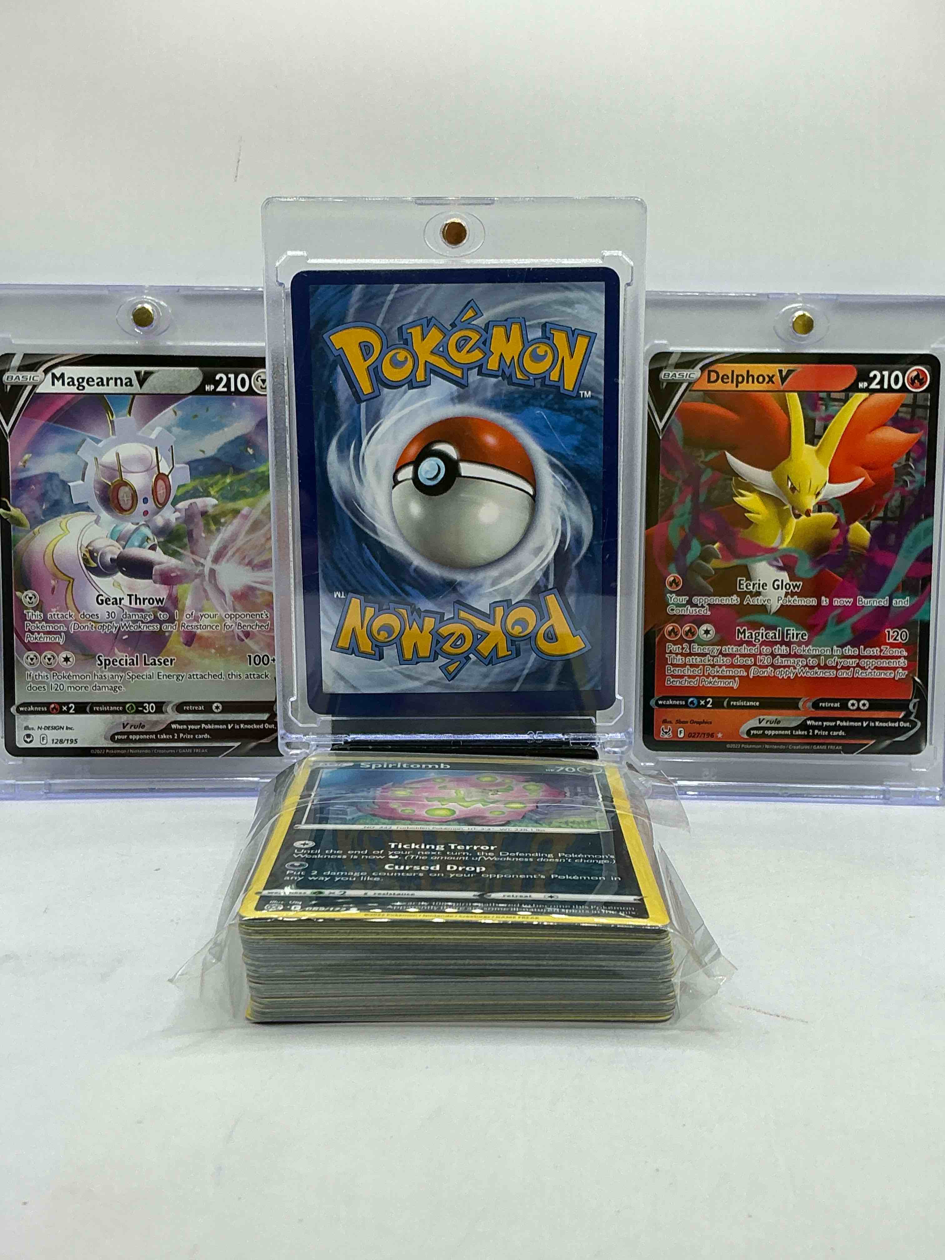 Condition photo showing New/Like New for Mewtwo V Holo, Magearna V & Delphox V WOW! Insane Trio! Pokémon Palooza! This 50 Card Lot Includes Commons, Legends & More!