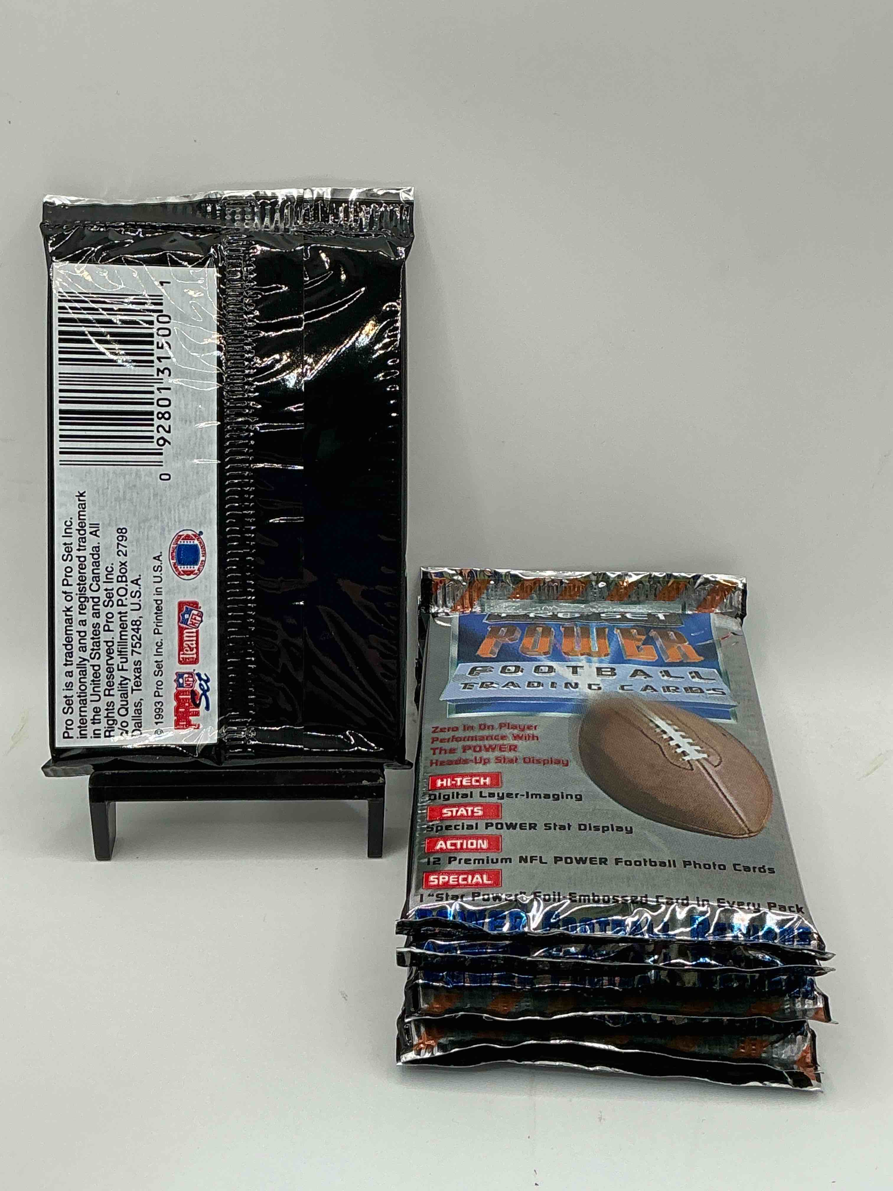 Condition photo showing New/Like New for BOOM! 1993 Pro Set POWER Football Trading Cards! One Star Foil Embossed Card In Every Pack! Search For Insane Cards From Joe Montana, Jerry Rice, Jerome Bettis & Drew Bledsoe Rookies, Barry Sanders, Bo Jackson & More!