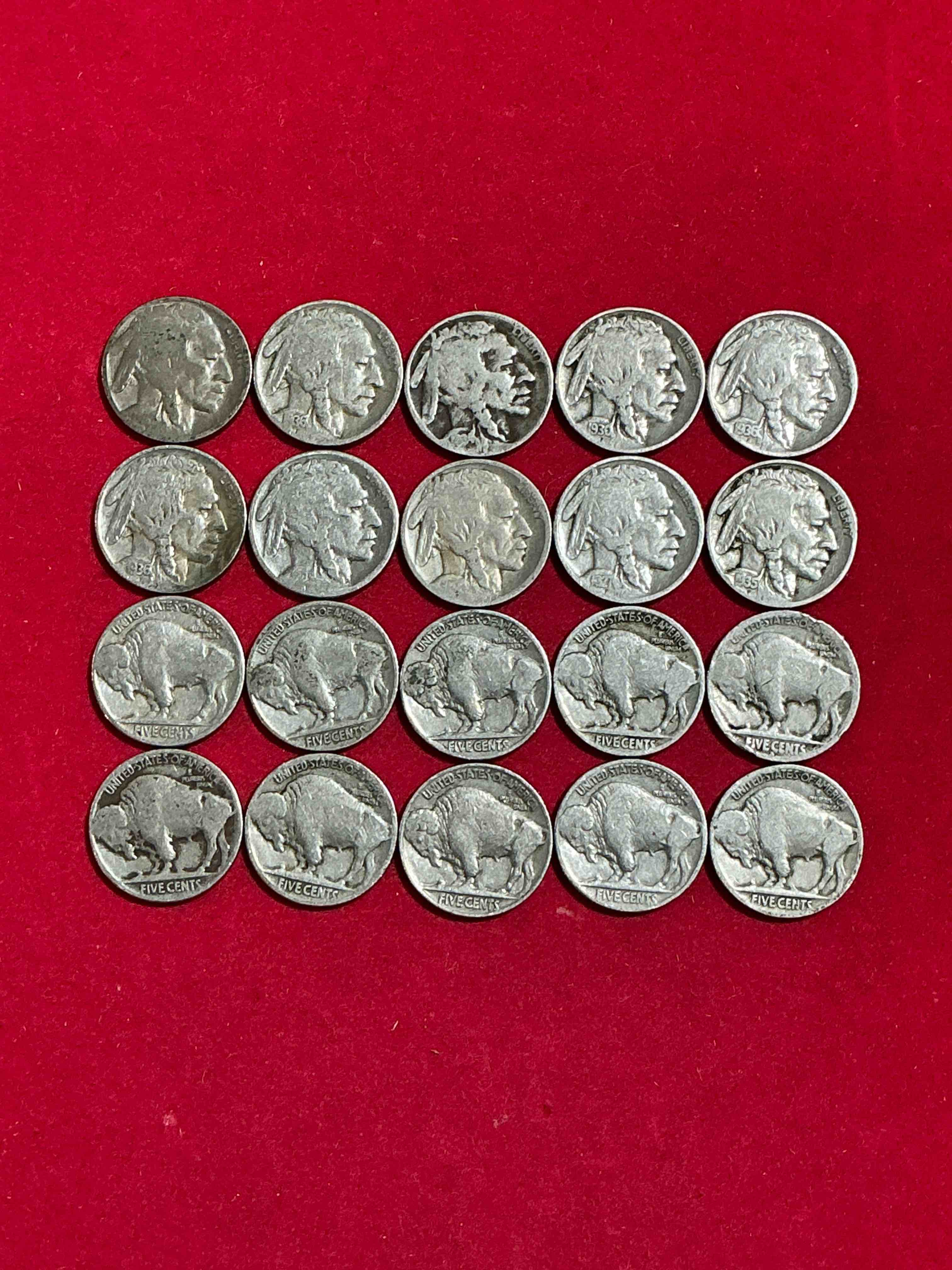 Condition photo showing Good Condition for Historic Buffalo Nickels! Indian Head Buffalo Nickels Were Minted From 1913 To 1938 & Have Become A Favorite For Coin Collectors Around The World! Own Pieces Of American History With These Cool Indian Head Buffalo Nickels In Circulated Condition, Most With Visible Dates Which Is Very Rare For Buffalo Nickels!