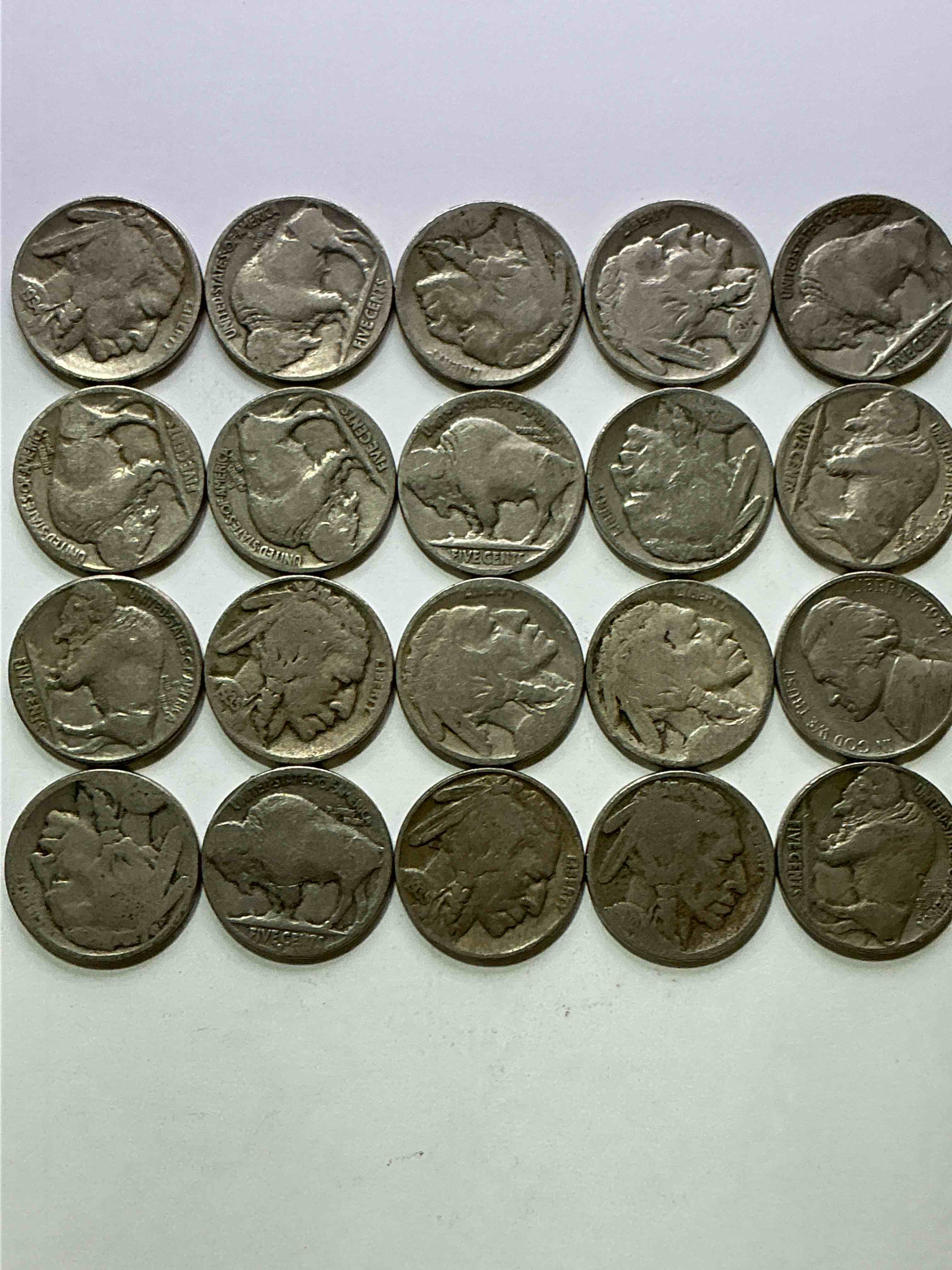 Condition photo showing Good Condition for Historic Buffalo Nickels! Indian Head Buffalo Nickels Were Minted From 1913 To 1938 & Have Become A Favorite For Coin Collectors Around The World! Own Pieces Of American History With These Cool Indian Head Buffalo Nickels In Circulated Condition, Most With Visible Dates Which Is Very Rare For Buffalo Nickels!
