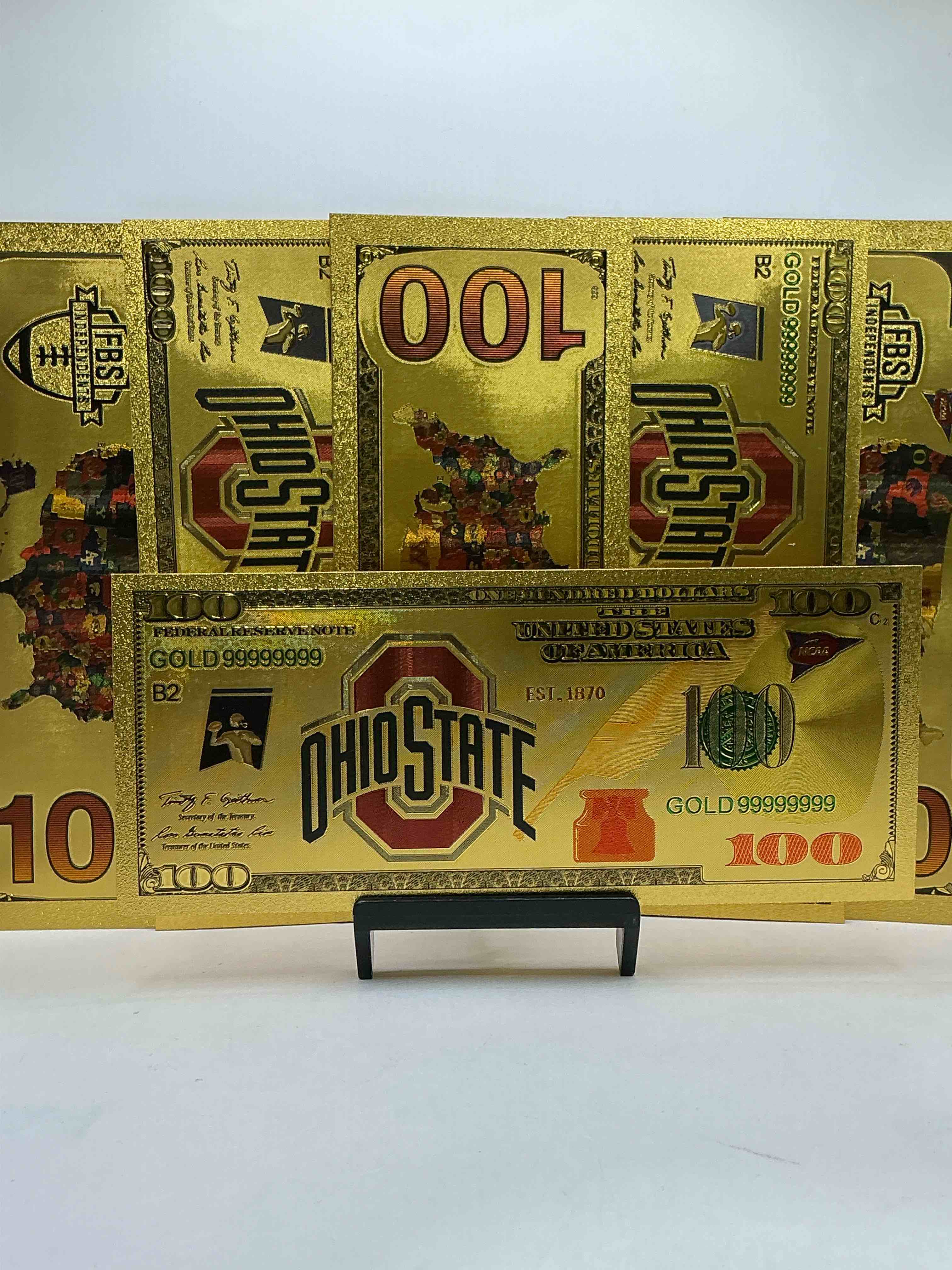 Ohio State University Collectible Memorabilia! Super Cool, Gold In Color 100 Dollar Commemorative Ohio State University Bill! Cool Designs On Front & Back Of Bill! OSU Fans Rejoice, Cool Memorabilia! Plastic Bills With Cool Designs! 