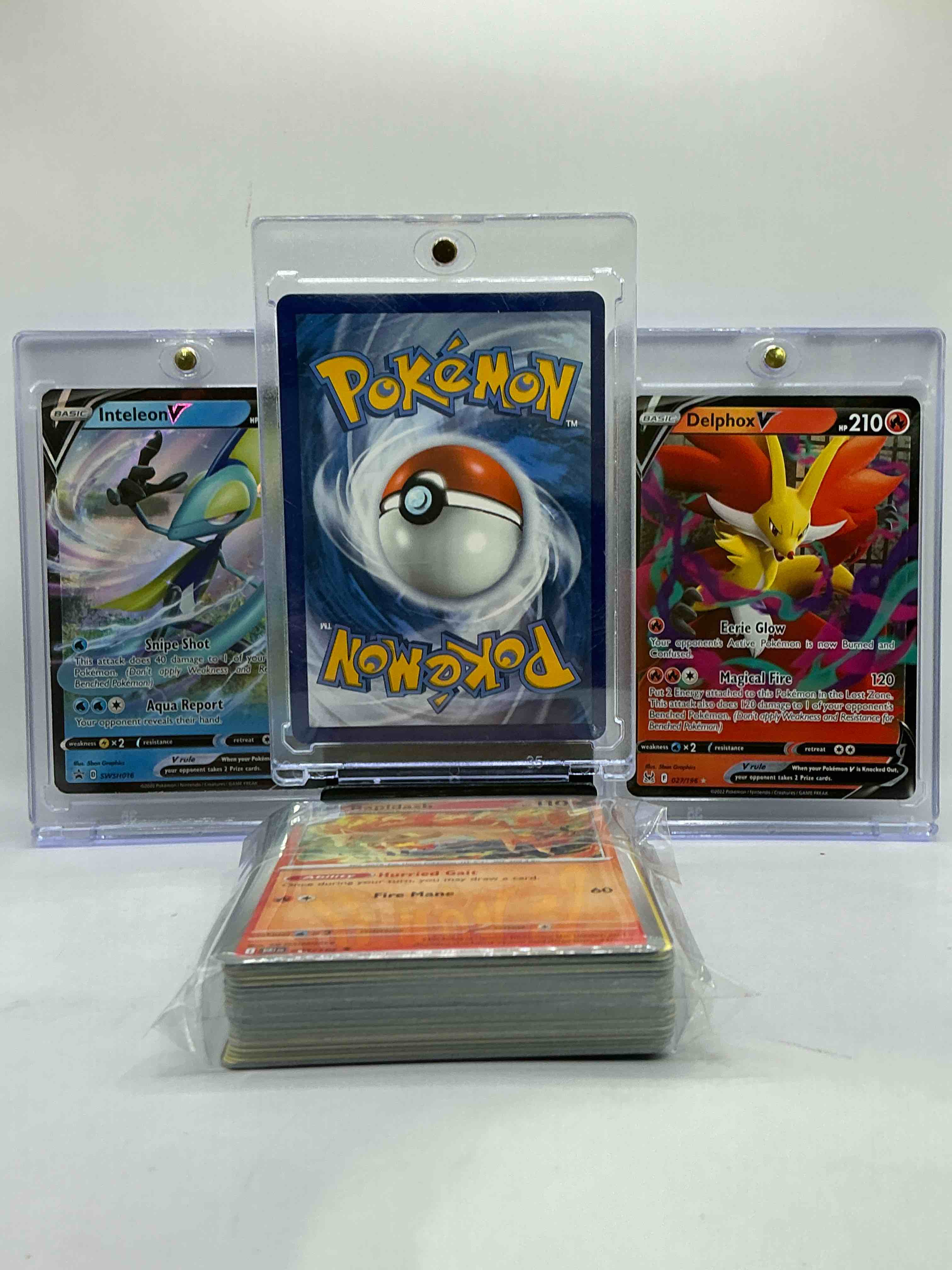 Condition photo showing New/Like New for Pikachu VMAX, Inteleon V & Delphox V & More! Insane Trio! This 50 Card Lot Includes Commons, Legends, Heroes & More! Pokémon Palooza! WOW!
