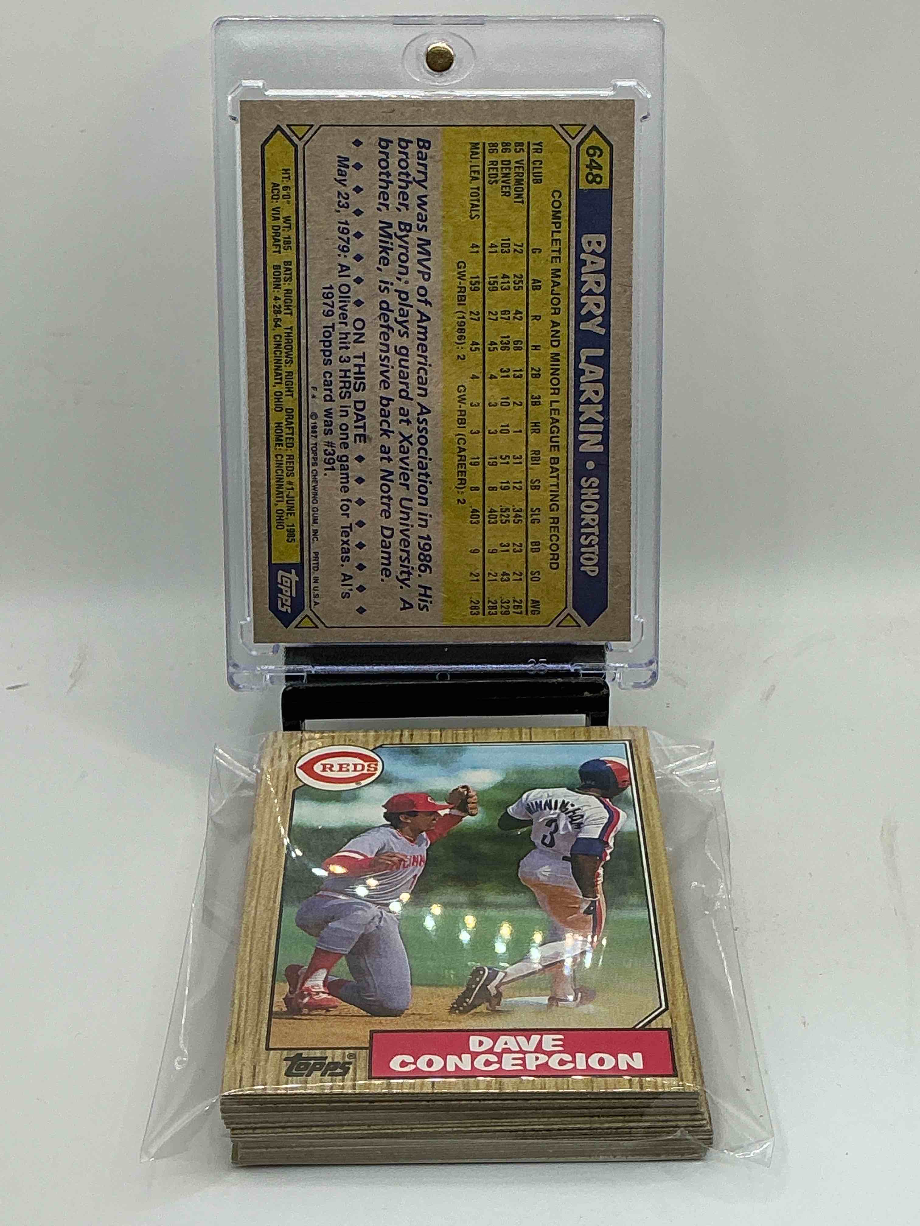 Condition photo showing New/Like New for 1987 Reds Topps Baseball Team Set! Vintage Reds Lot! Barry Larkin, Eric Davis, Pete Rose & More! 80’s Baseball History… Cincinnati Reds! 