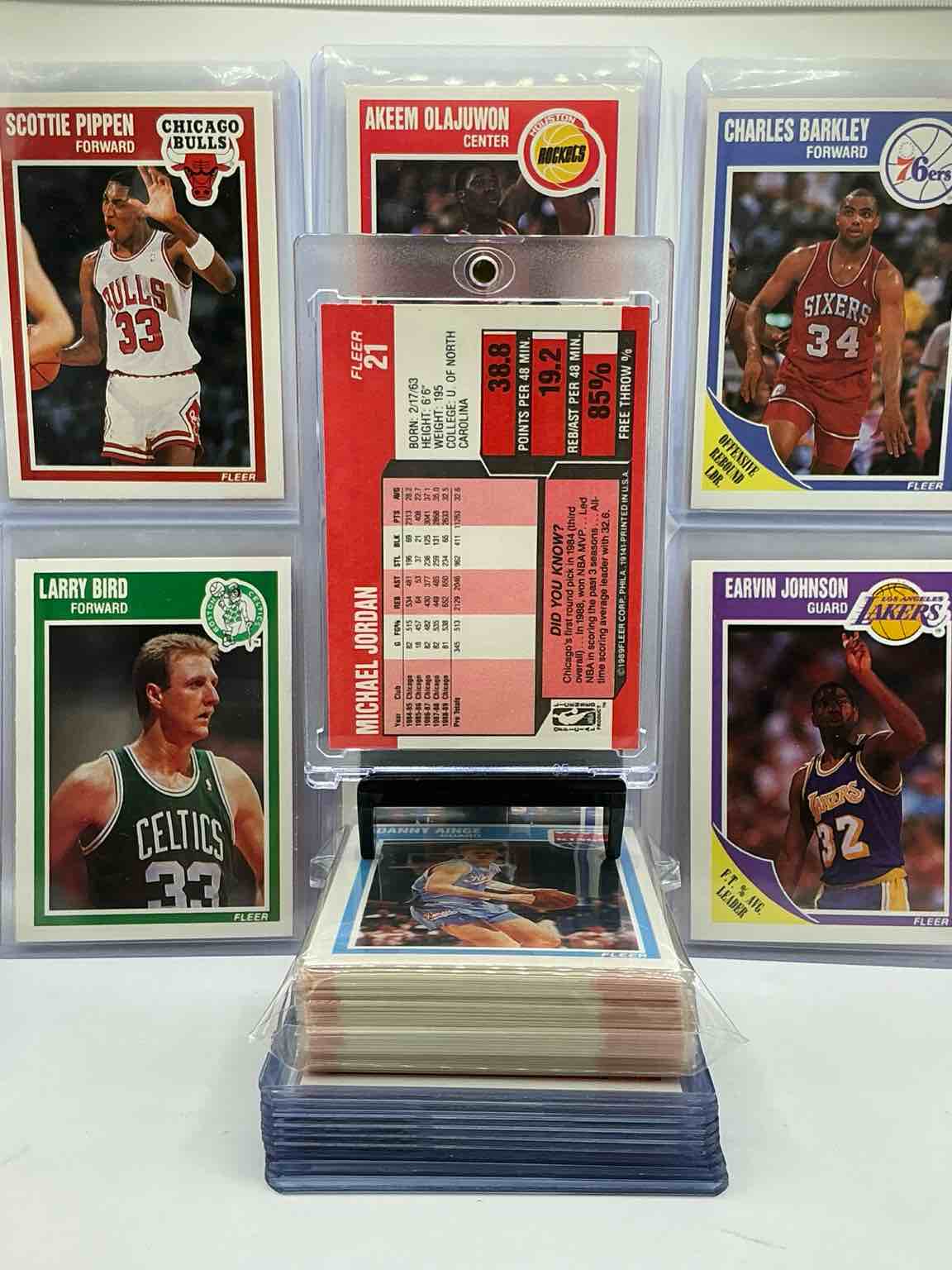 Condition photo showing New/Like New for Michael Jordan! Holy Grail Basketball! 1989 Fleer Basketball Cards! 50 Card Craziness! One Of The Most Coveted Michael Jordan, Magic Johnson, Larry Bird, Scottie Pippen, Charles Barkley, Karl Malone & Clyde Drexler Cards! Along With Other Nice 1989 NBA Basketball Cards! Wilkins & More! These Cards Are Super Rare, Only 3 Years Off From A Jordan Rookie! Awesome Base Cards Combo! Wow!Mixed With A Variety Of Other Cards, Doesn't Get Better Than This!