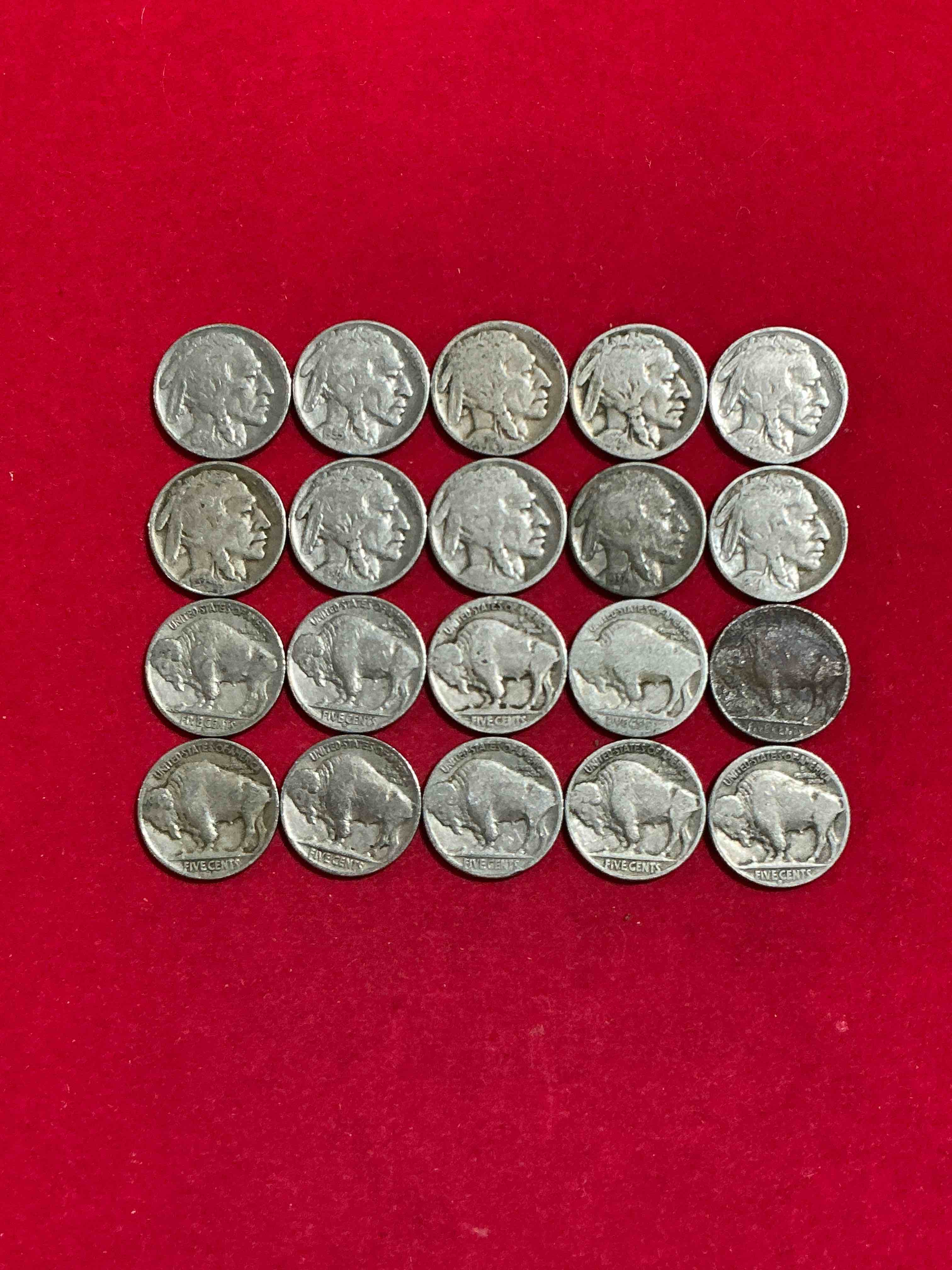 Condition photo showing Good Condition for Historic Buffalo Nickels! Indian Head Buffalo Nickels Were Minted From 1913 To 1938 & Have Become A Favorite For Coin Collectors Around The World! Own Pieces Of American History With These Cool Indian Head Buffalo Nickels In Circulated Condition, Most With Visible Dates Which Is Very Rare For Buffalo Nickels!