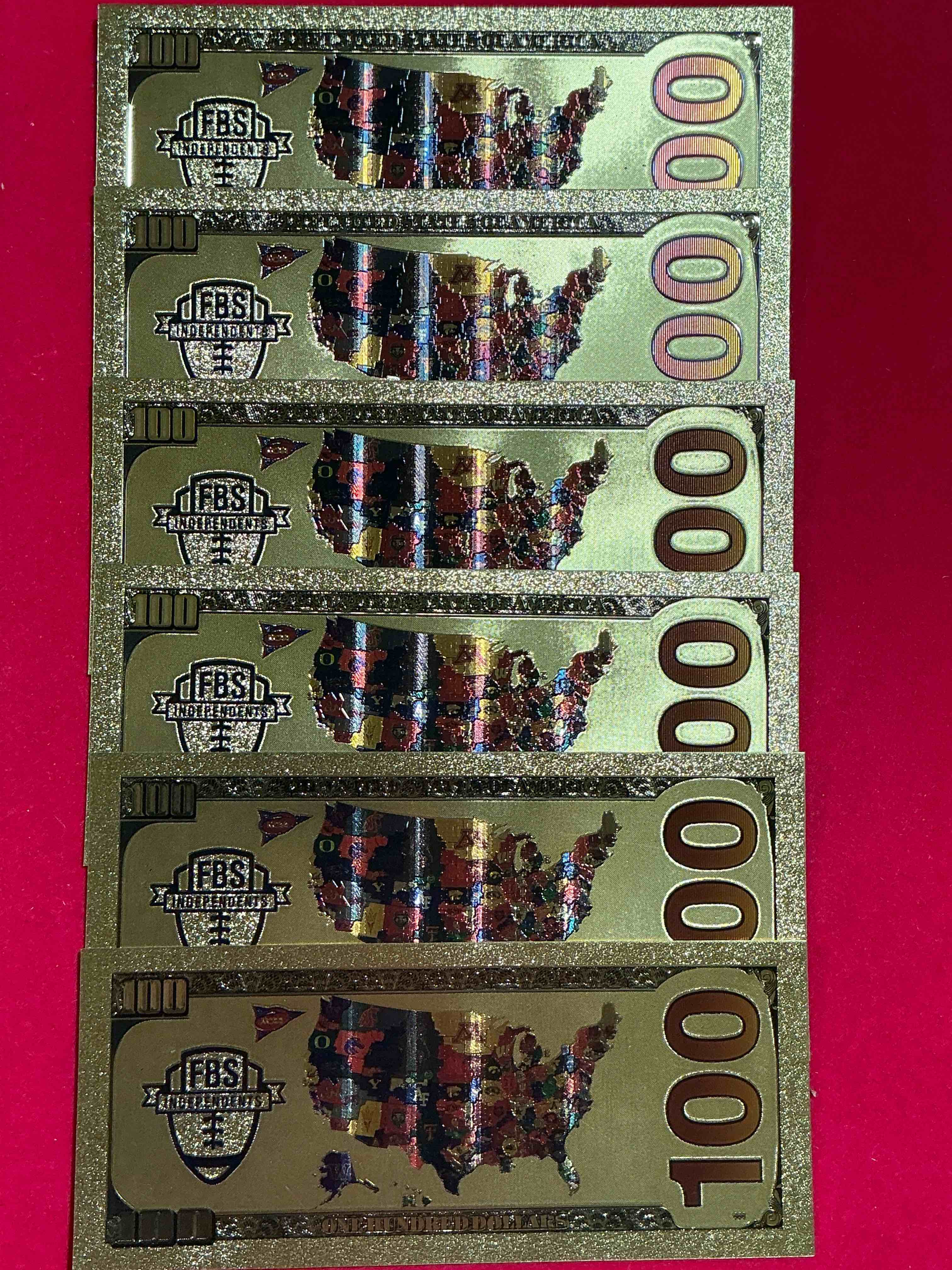 Condition photo showing New/Like New for Ohio State University Collectible Memorabilia! Super Cool, Gold In Color 100 Dollar Commemorative Ohio State University Bill! Cool Designs On Front & Back Of Bill! OSU Fans Rejoice, Cool Memorabilia! Plastic Bills With Cool Designs! 