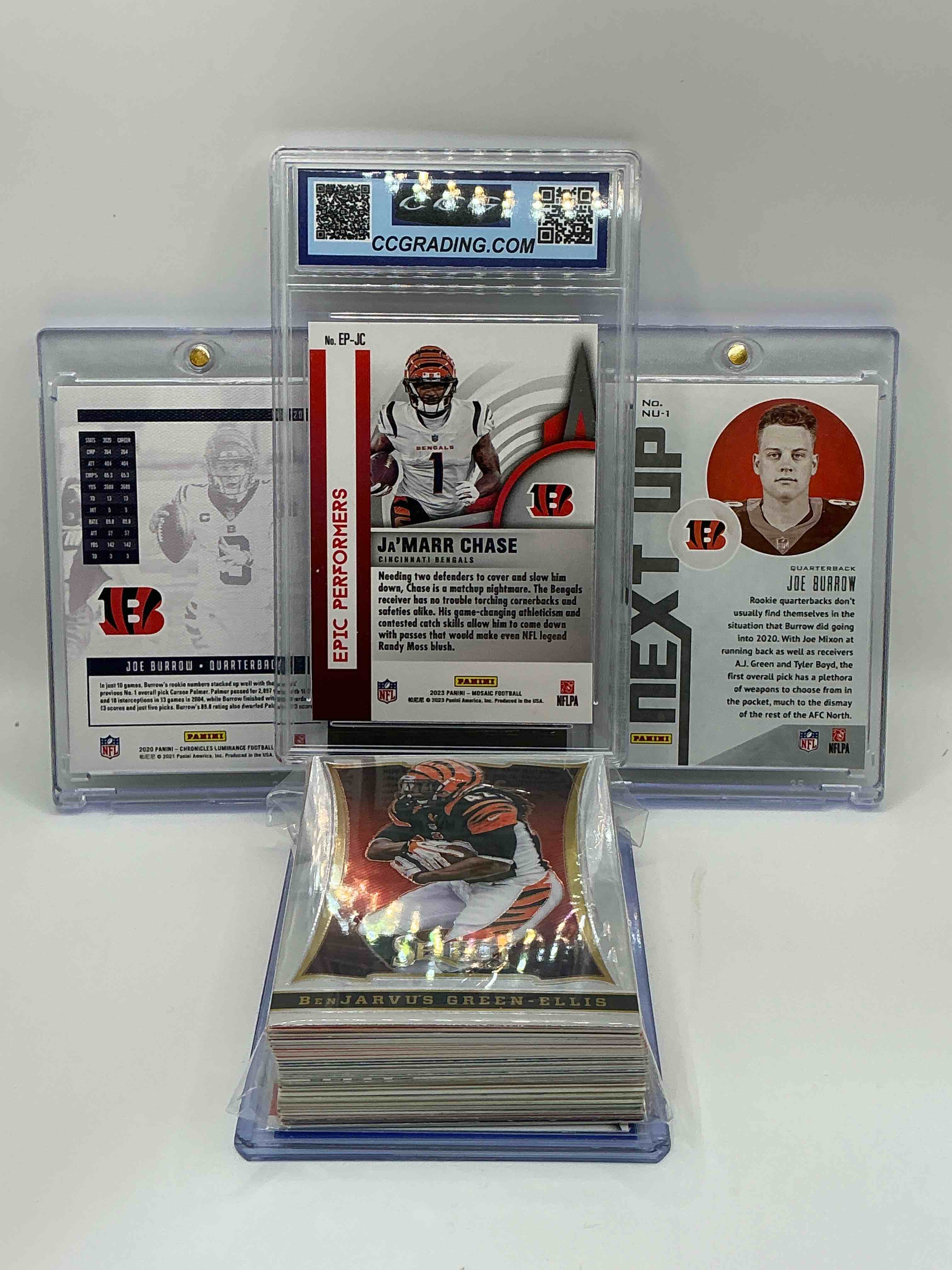 Condition photo showing New/Like New for Bengals Bonanza! 2023 Mosaic “Epic Performers” Gem Mint 10 Ja’marr Chase! 2020 Chronicles Luminance Football Rookie Joe Burrow! 2020 Playbook Football “Next Up” Rookie Joe Burrow! Along With 50 Other Bengals Heroes, Holos, Rookies & Commons!