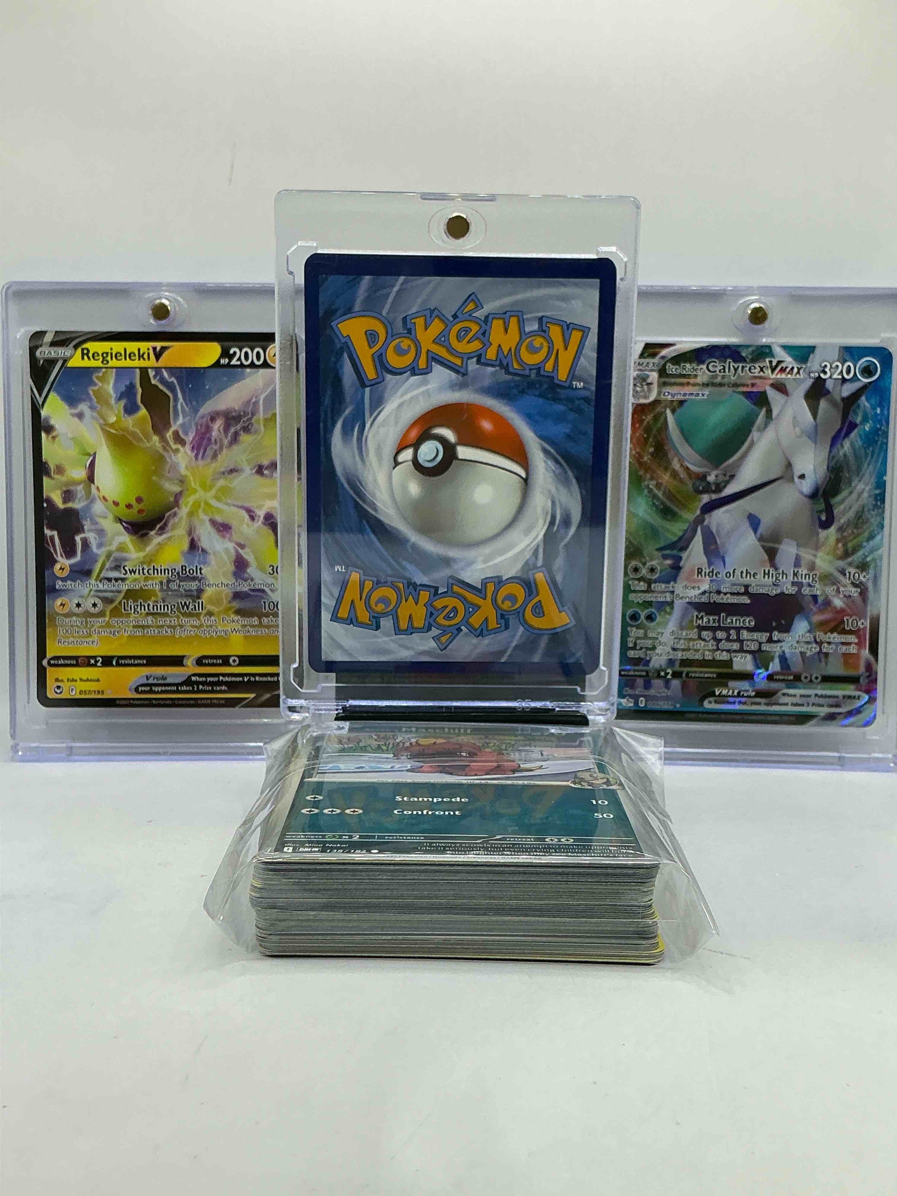 Condition photo showing New/Like New for lucario vstar! calyrex vmax beautiful card, regieleki v & more! wow! pokémon palooza! this 50 card lot includes some rare & valuable pokemon!