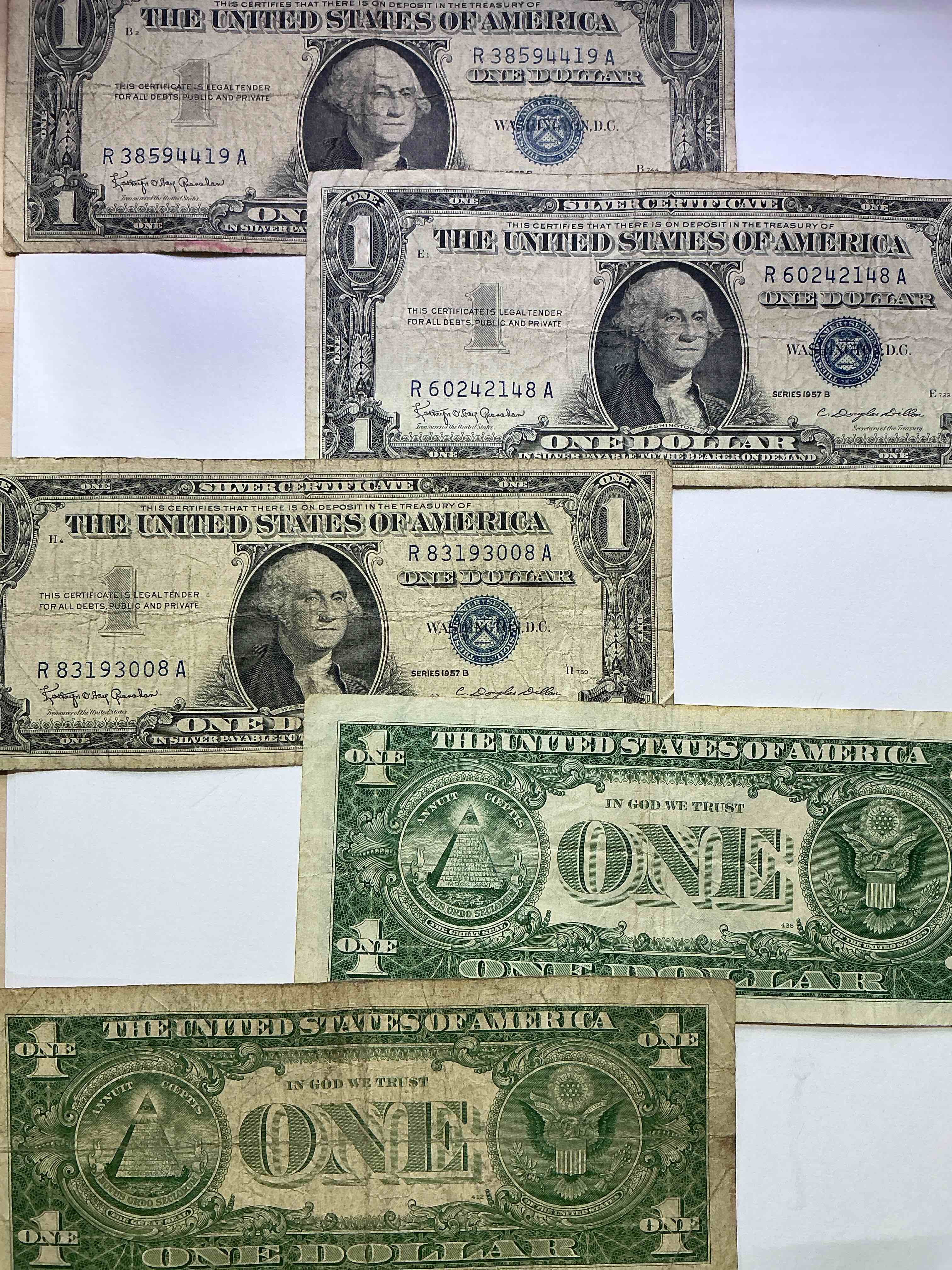 1957 series silver certificates! did you know that prior to 1964 one dollar u.s. paper money was actually redeemable for silver dollars?! wow how times have changed! silver certificates were produced from 1878 to 1964 & are still considered legal tender at face value. here are gorgeous, circulated 1957 u.s. one dollar silver certificate, with highly collectible "blue seal!* own an awesome piece of history!