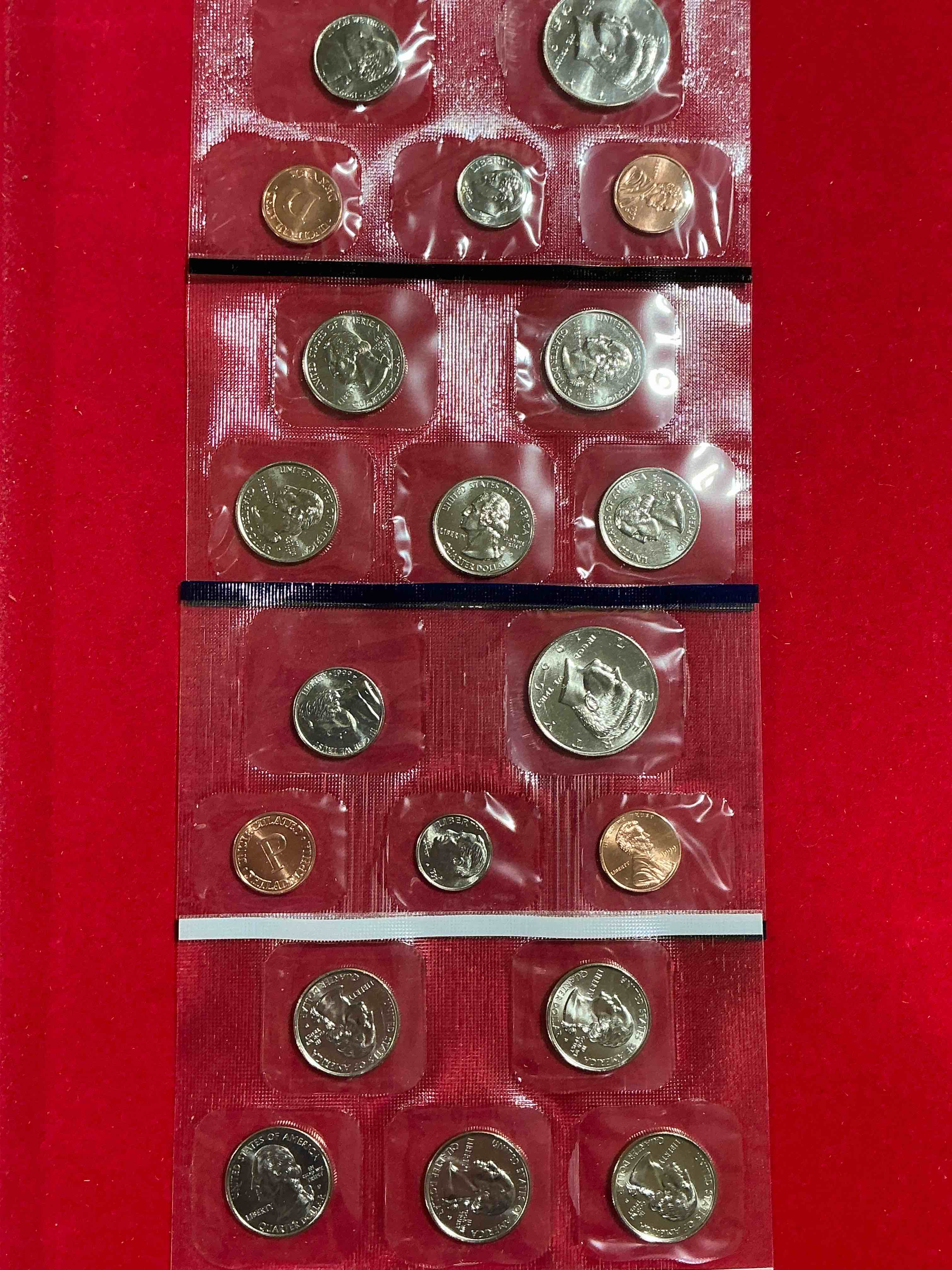1999 uncirculated mint set coins! 20 coin mint set from philadelphia & denver! 20 coin uncirculated lot, with quarters, nickels, half dollars, dimes, pennies & more! uncirculated coin craziness!