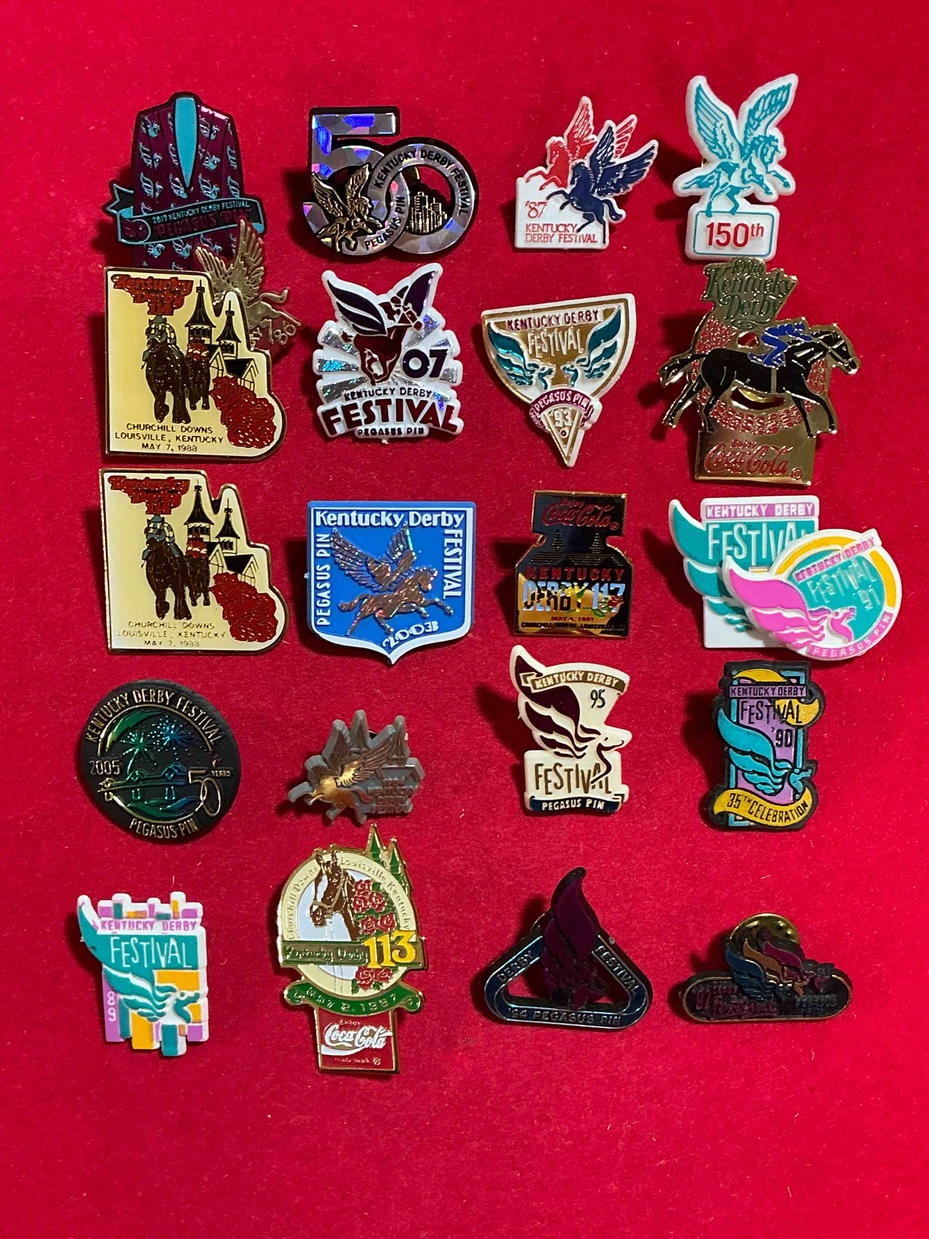 ky derby fans wow! beautiful ky derby pins spanning forty plus years of different derby runnings! all have back pins & are in like new condition! some are metal & some plastic. nearly impossible to collect!