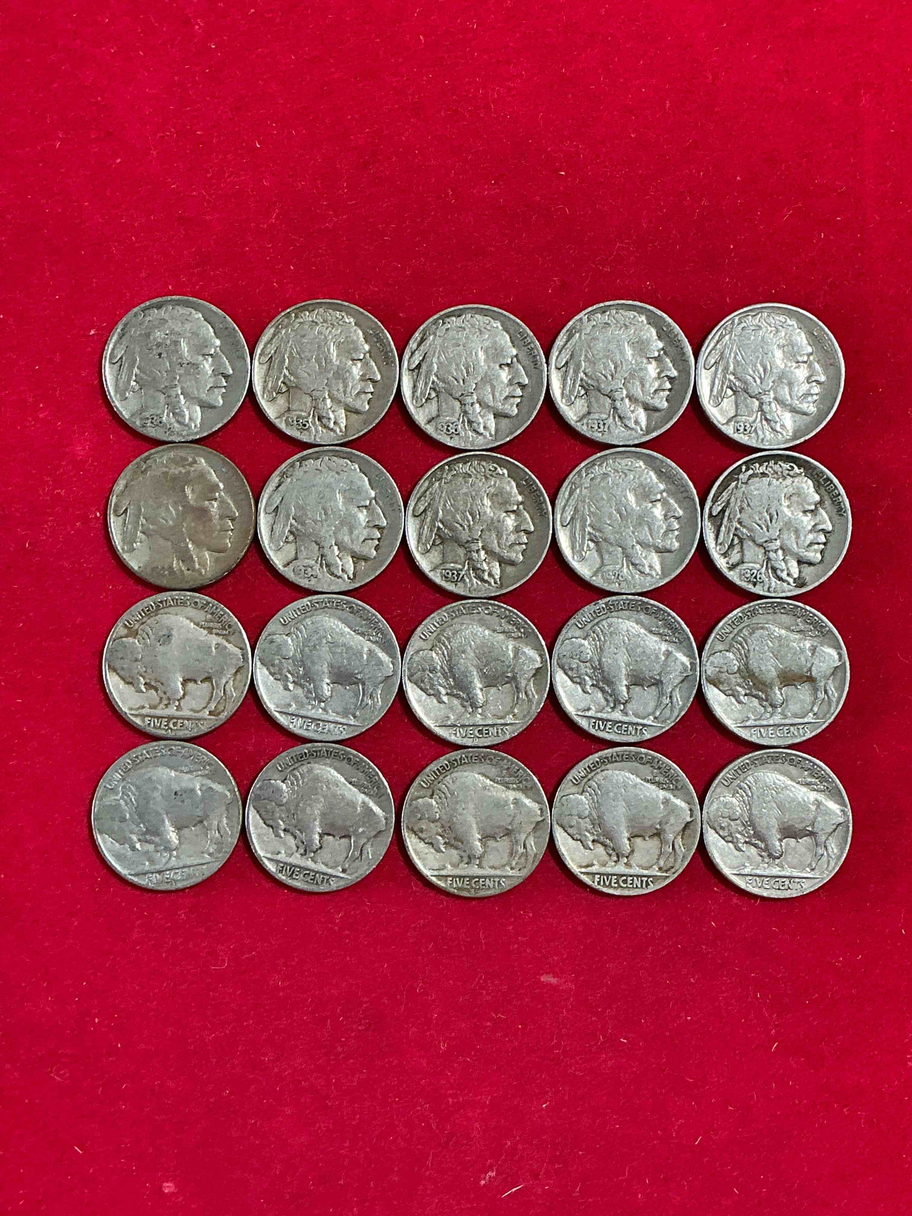 Condition photo showing Good Condition for historic buffalo nickels! indian head buffalo nickels were minted from 1913 to 1938 & have become a favorite for coin collectors around the world! own pieces of american history with these cool indian head buffalo nickels in circulated condition, most with visible dates which is very rare for buffalo nickels!